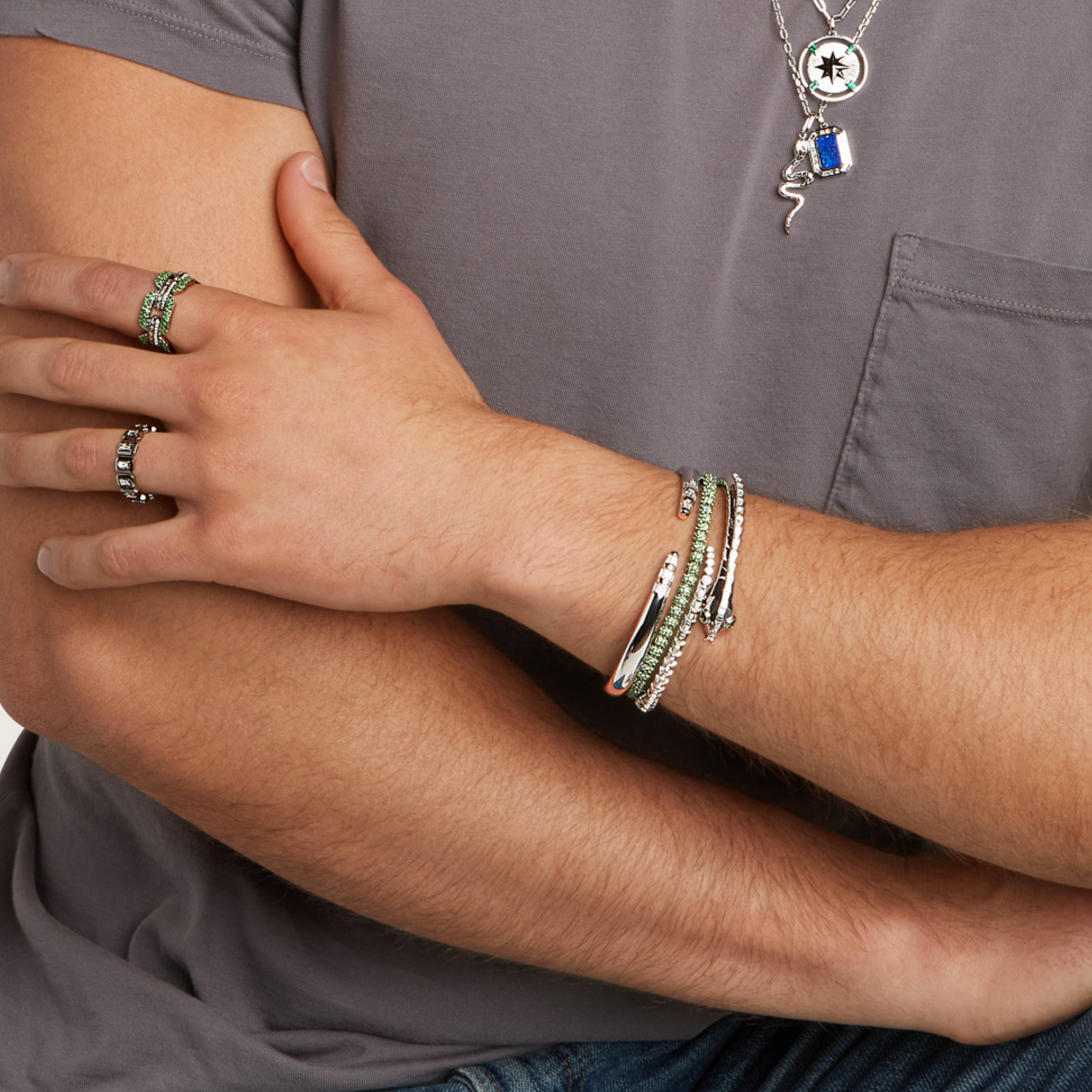 MEN'S GREEN GARNET PAVE BALL STRETCH BRACELET