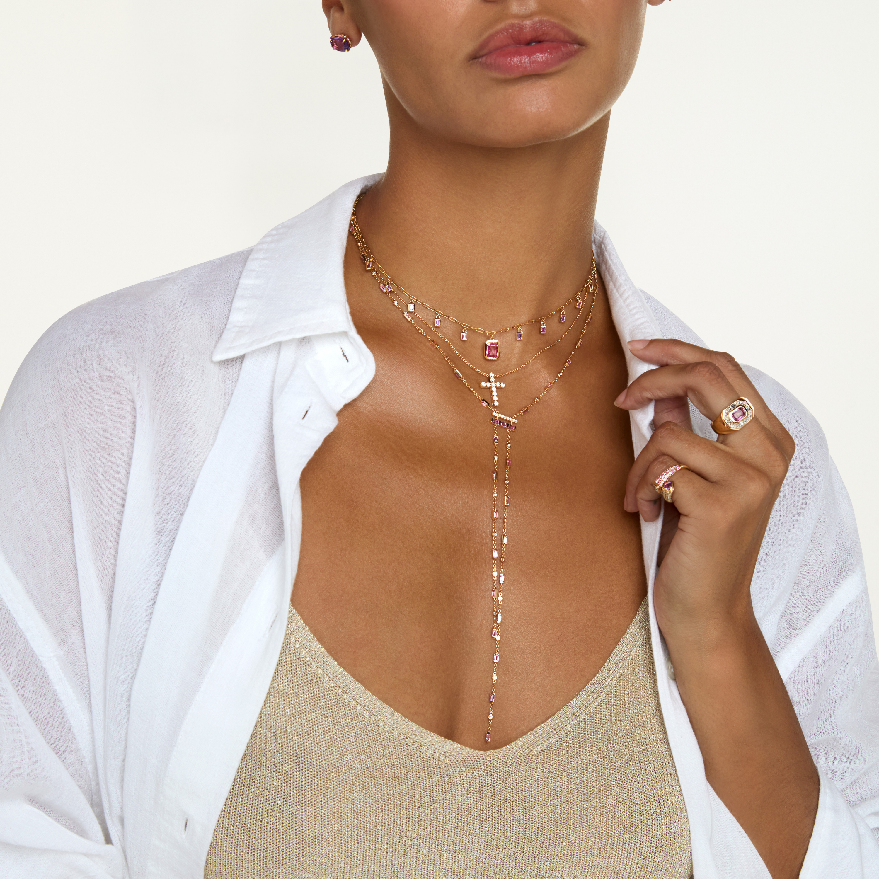 READY TO SHIP PINK SAPPHIRE & DIAMOND CASCADE Y NECKLACE