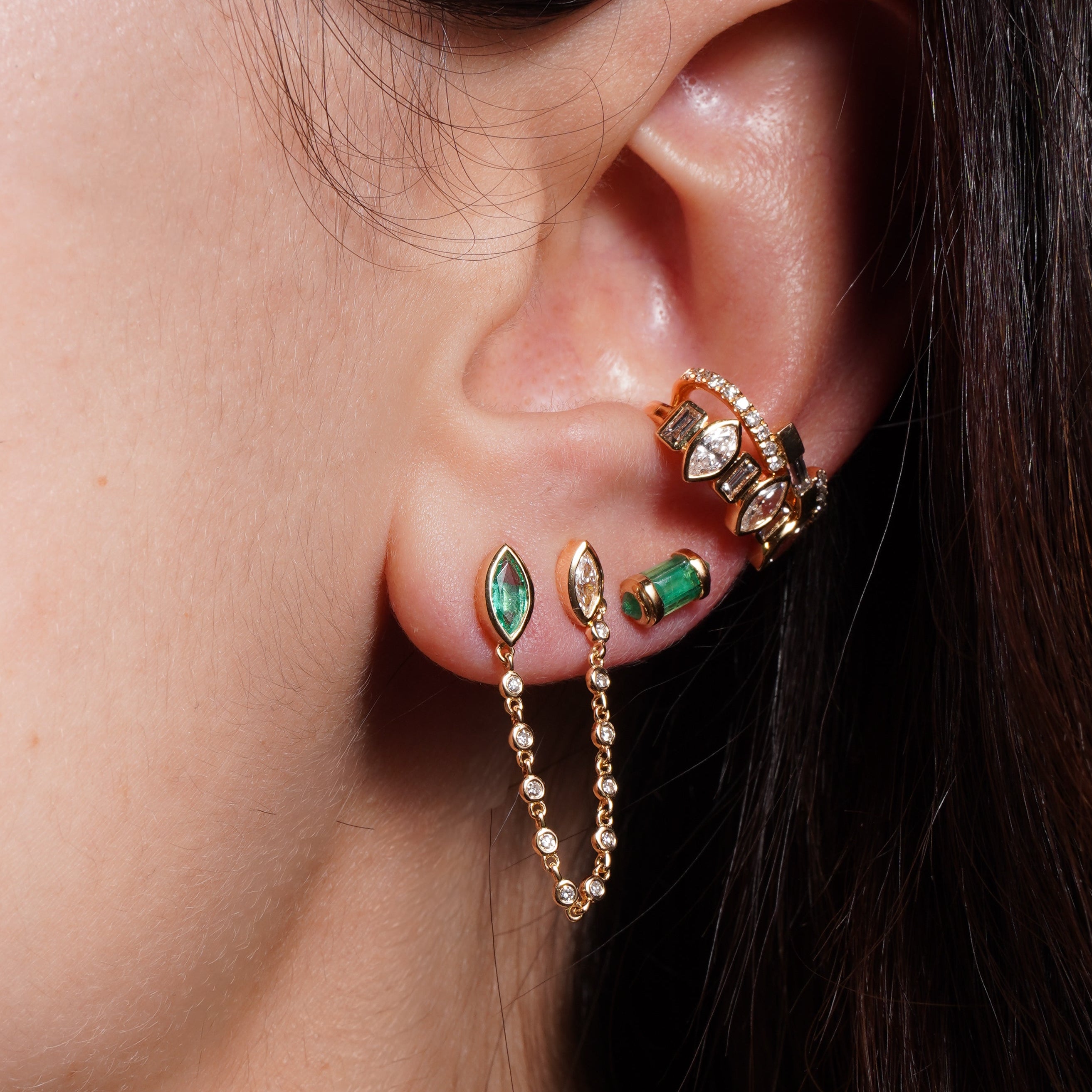 READY TO SHIP EMERALD & DIAMOND DUO CHAIN STUD