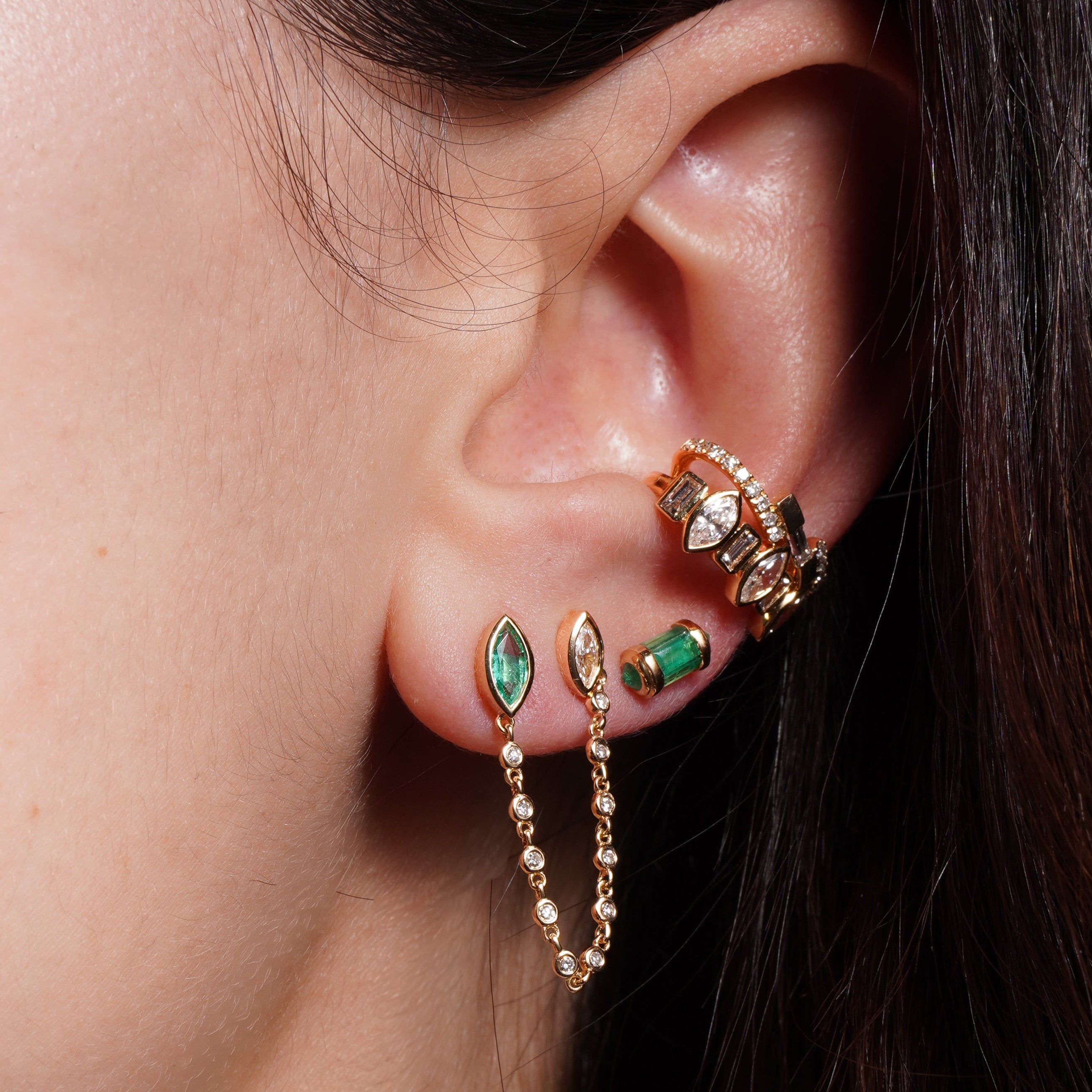 EMERALD & DIAMOND DUO CHAIN STUD