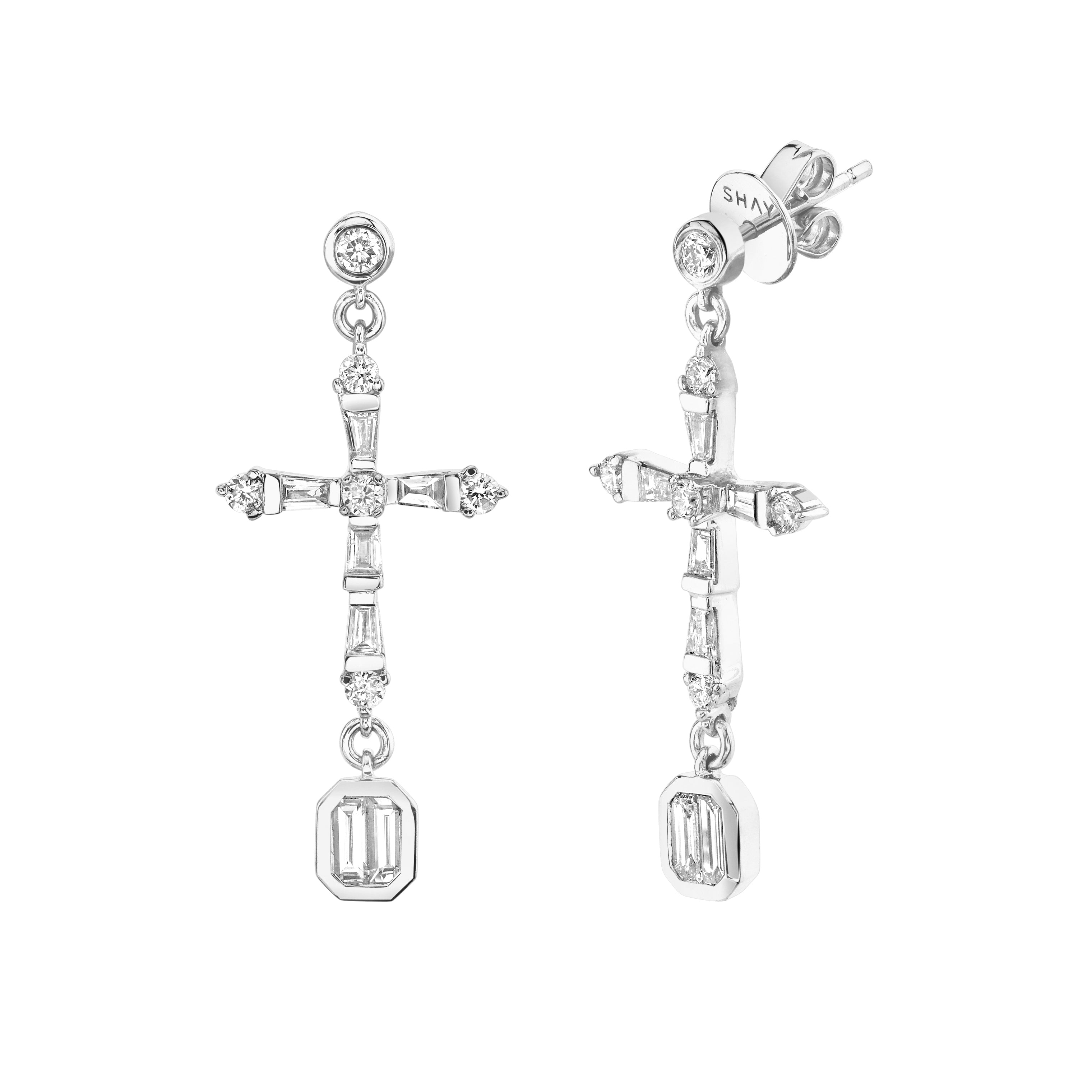 SHAY Ready to Ship Diamond Cross Earrings, 18k gold, detail view