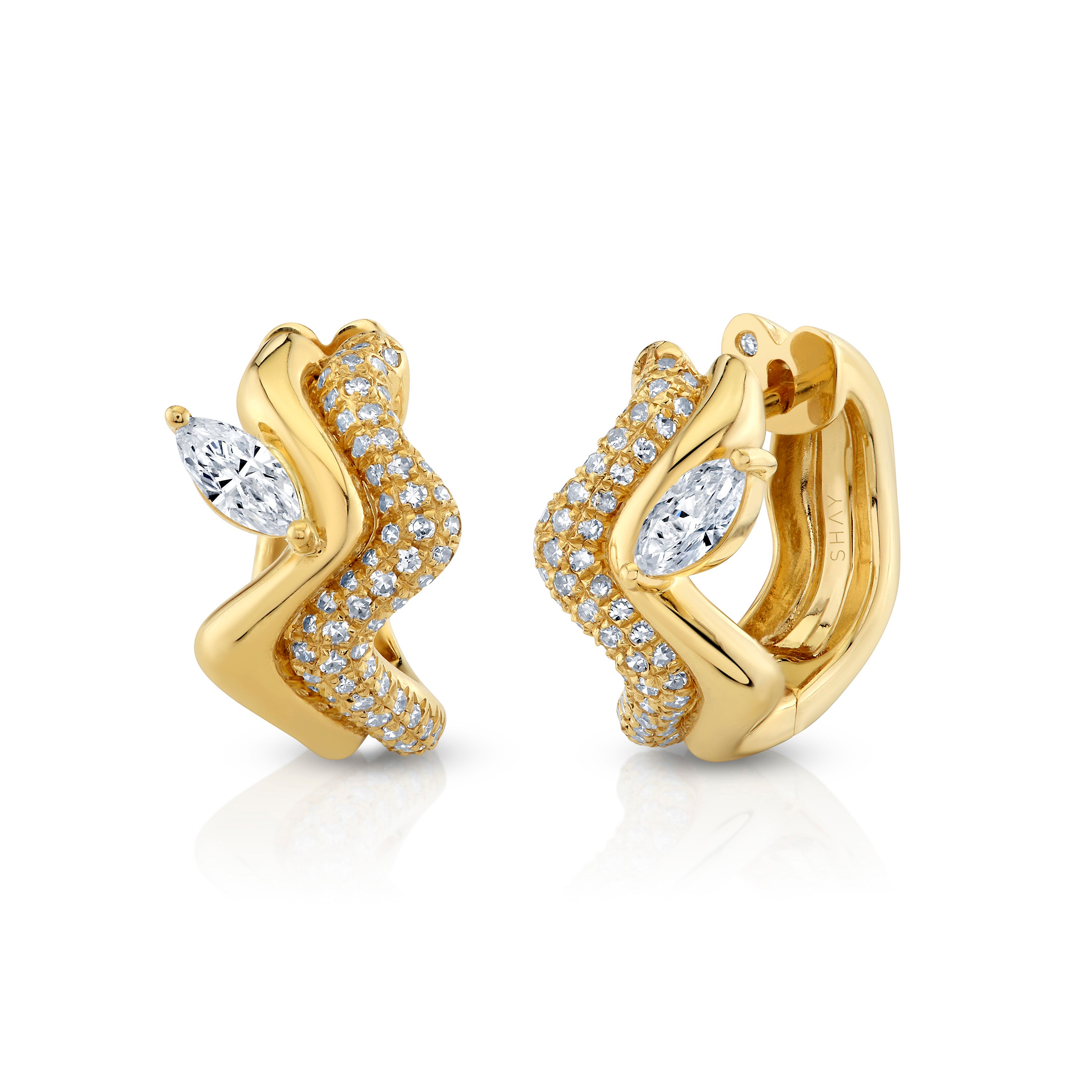 SHAY Diamond Marquise Wave Huggies, 1.69ct, 18k gold, detail view