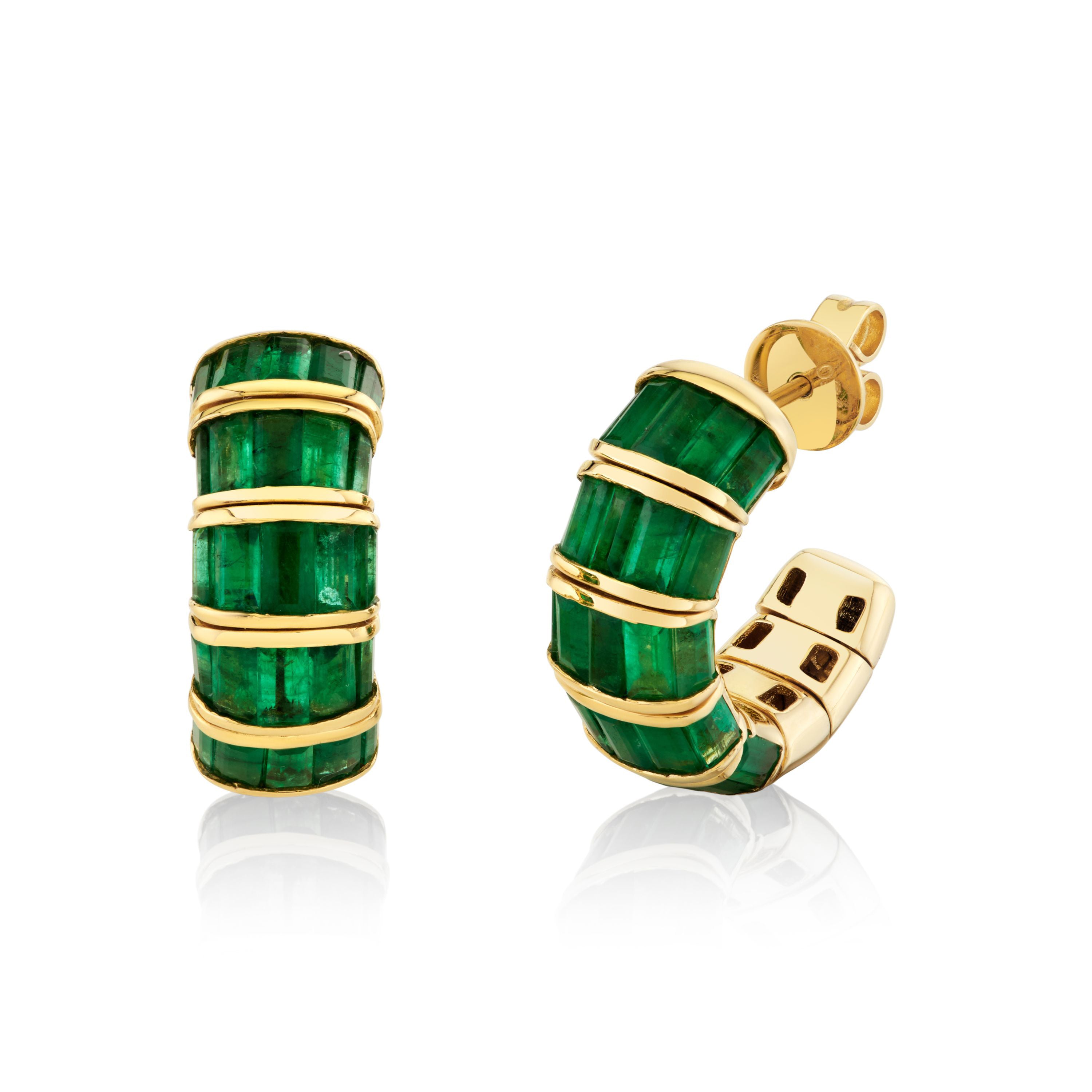 SHAY Emerald Baguette Huggies, 5ct, 18k gold, detail view
