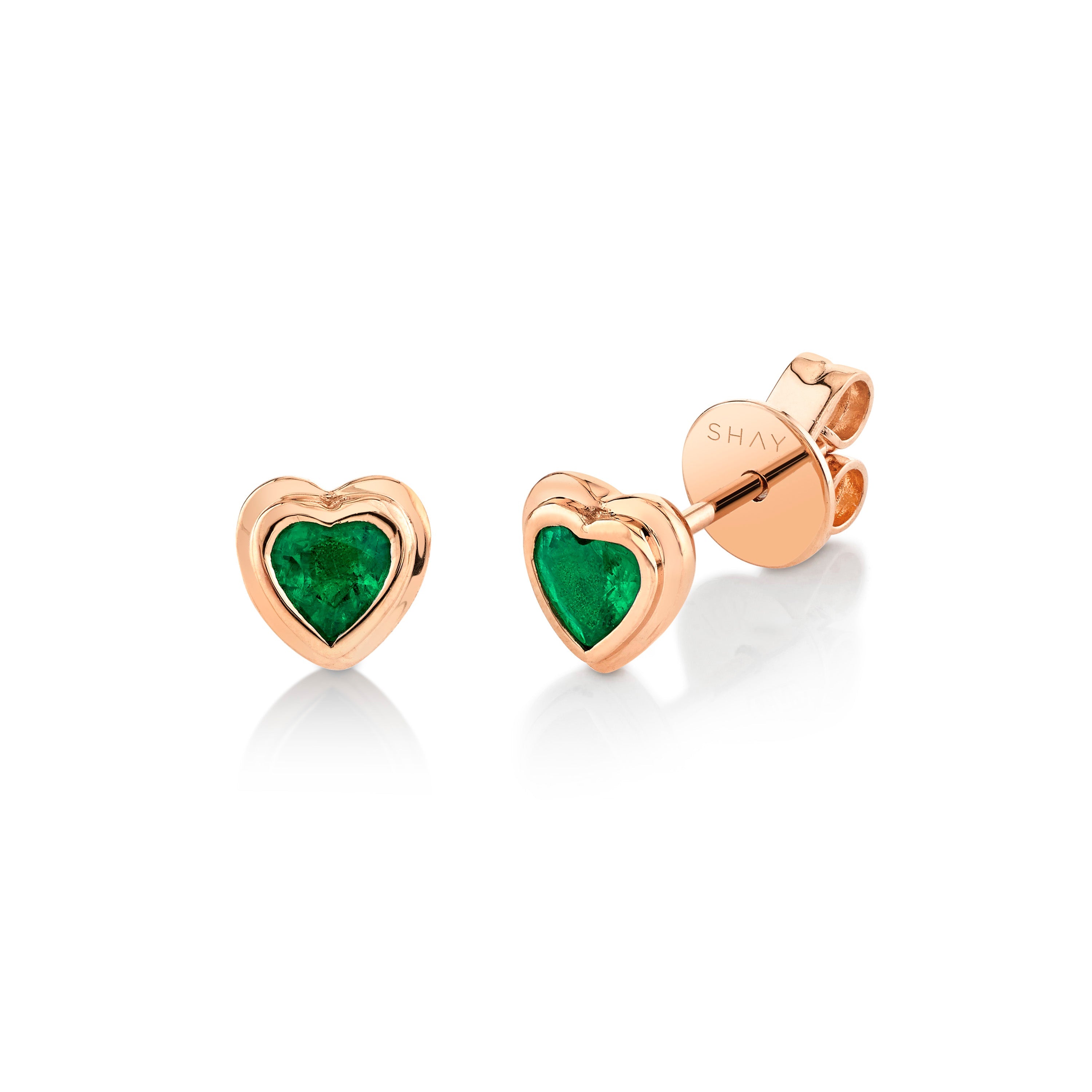 SHAY Ready to Ship Emerald Bezel Heart Studs, 18k gold, detail view