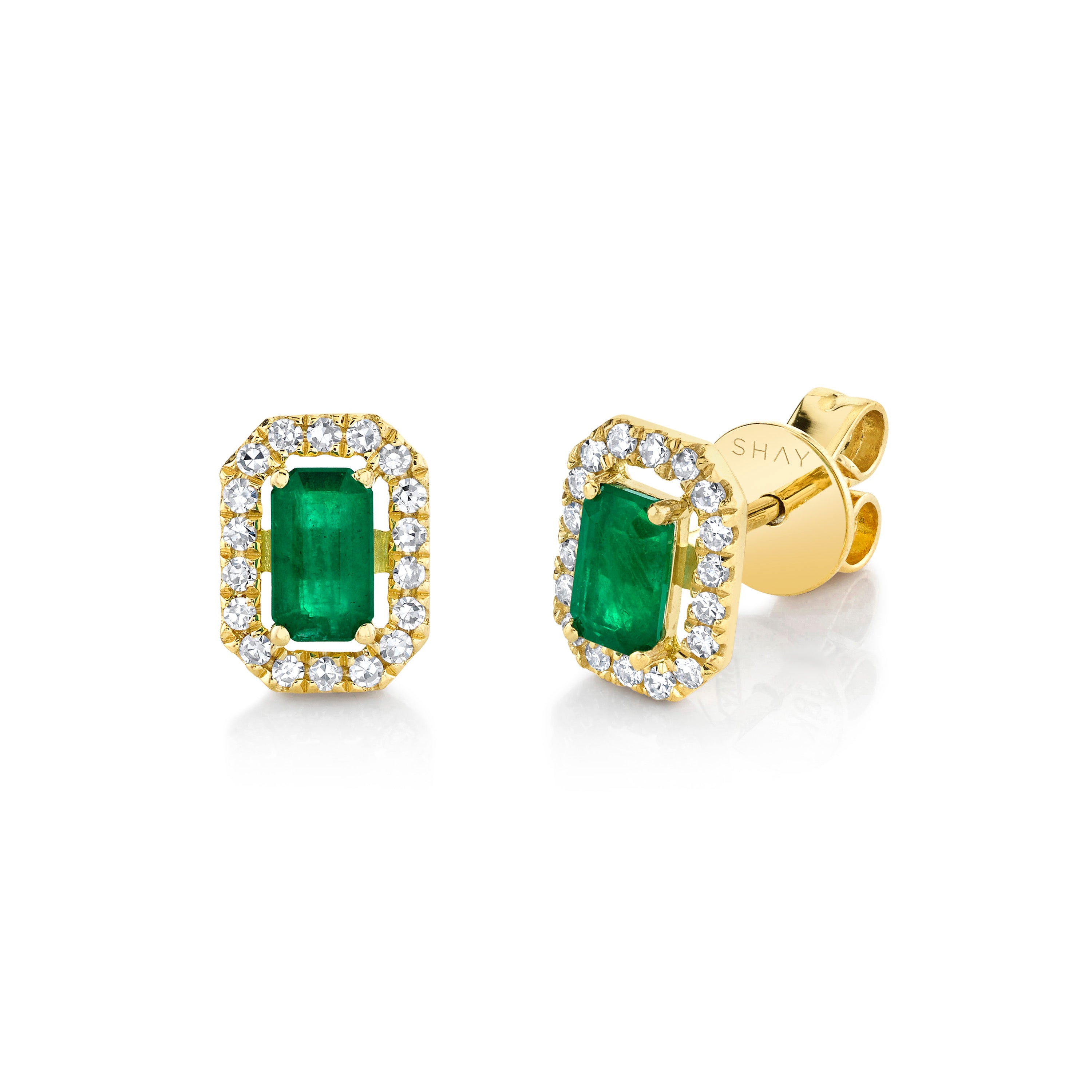 READY TO SHIP MINI ME DIAMOND HALO EMERALD STUDS