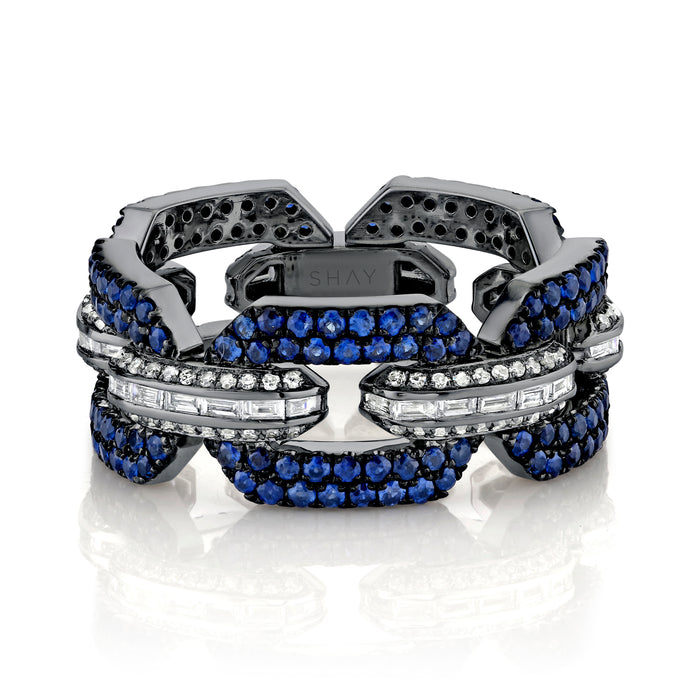 MEN'S BLUE SAPPHIRE & DIAMOND PAVE GEO LINK RING