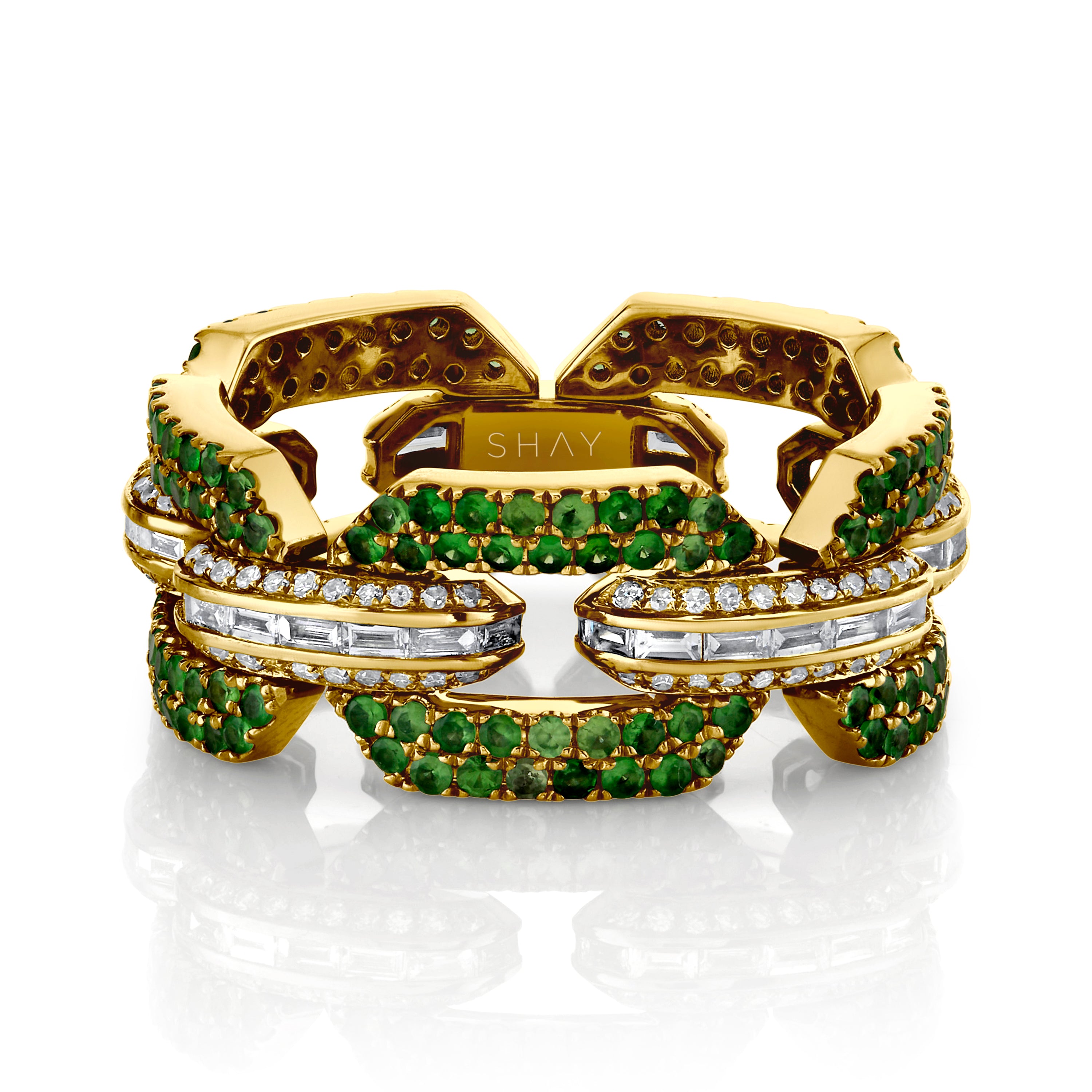 MEN'S GREEN GARNET & DIAMOND GEO LINK RING
