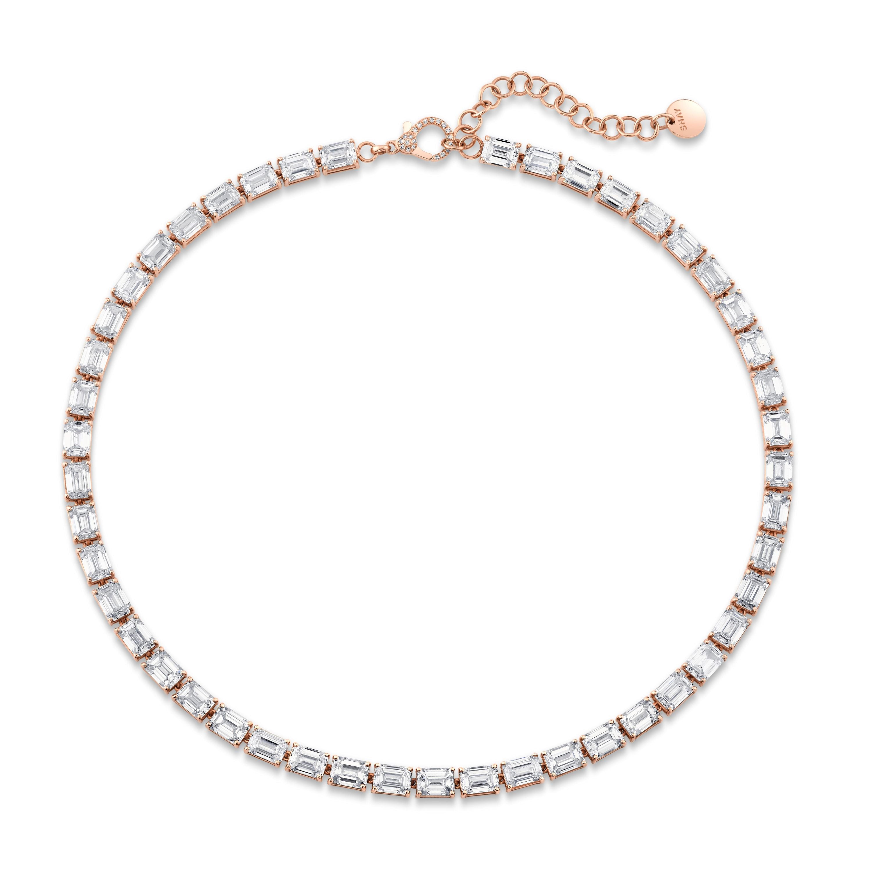 SHAY Diamond Emerald Cut East West Tennis Necklace, 38ct, 18k gold, side view
