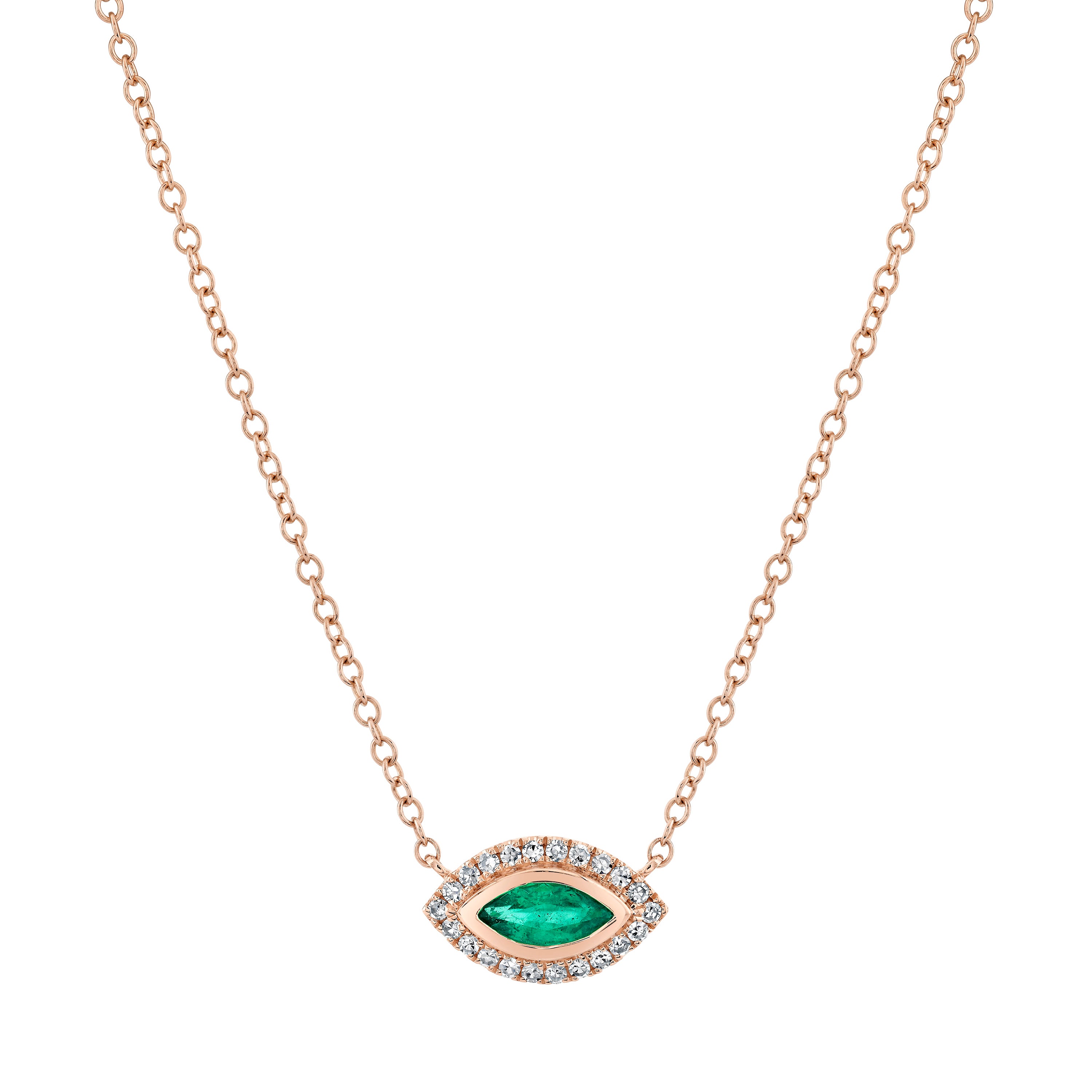 SHAY Ready to Ship Emerald & Diamond Mini Evil Eye Necklace, 0.38ct, 18k rose gold, detail view