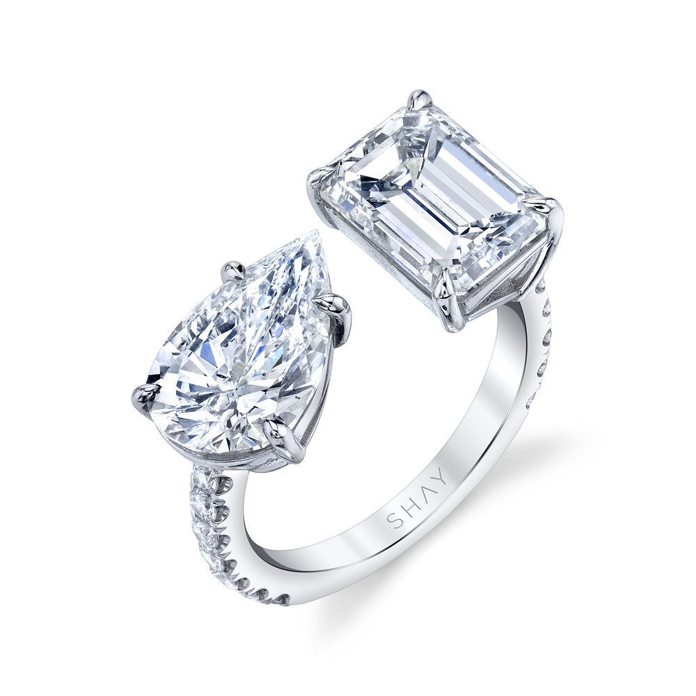 SHAY Diamond Emerald & Pear Twin Ring, 8.91ct, 18k white gold, detail view