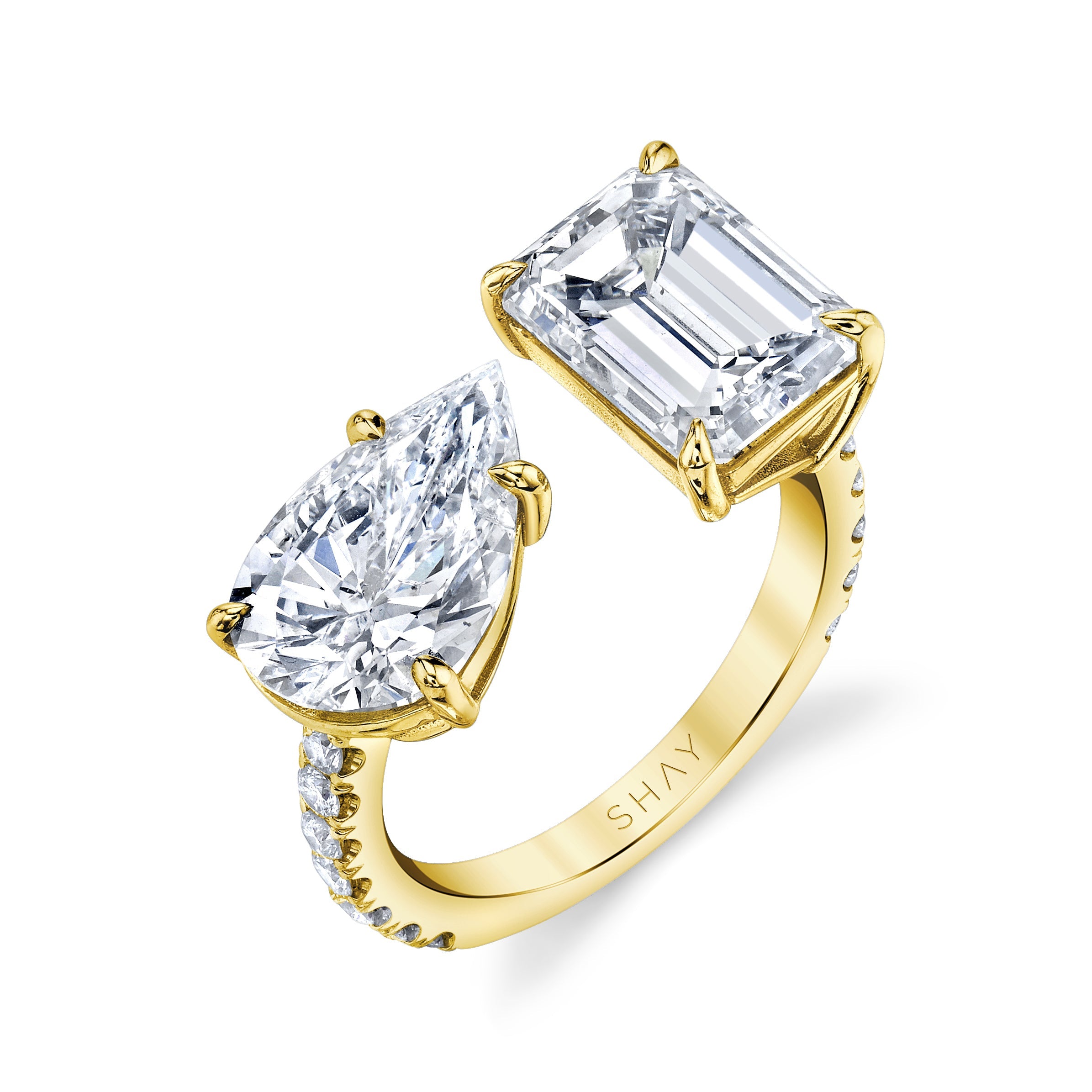 SHAY Diamond Emerald & Pear Twin Ring, 8.91ct, 18k white gold, side view