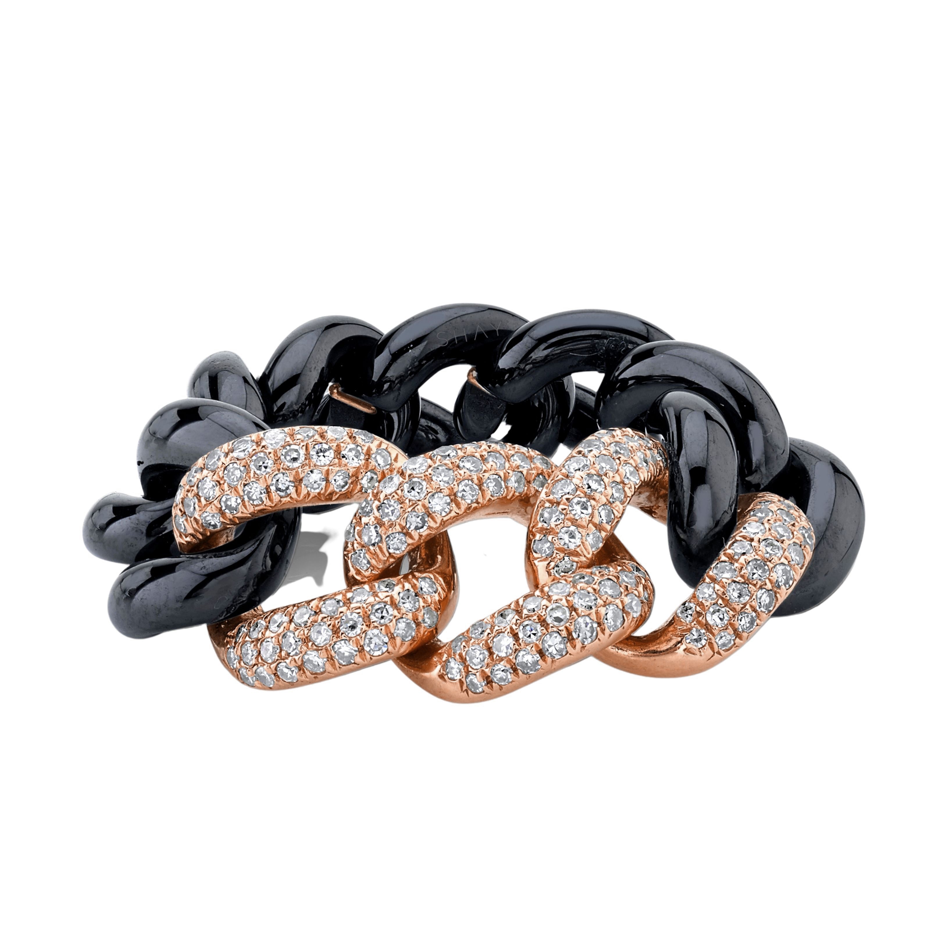 SHAY Ready to Ship Black Ceramic Pave Essential Link Ring, 18k gold, side view