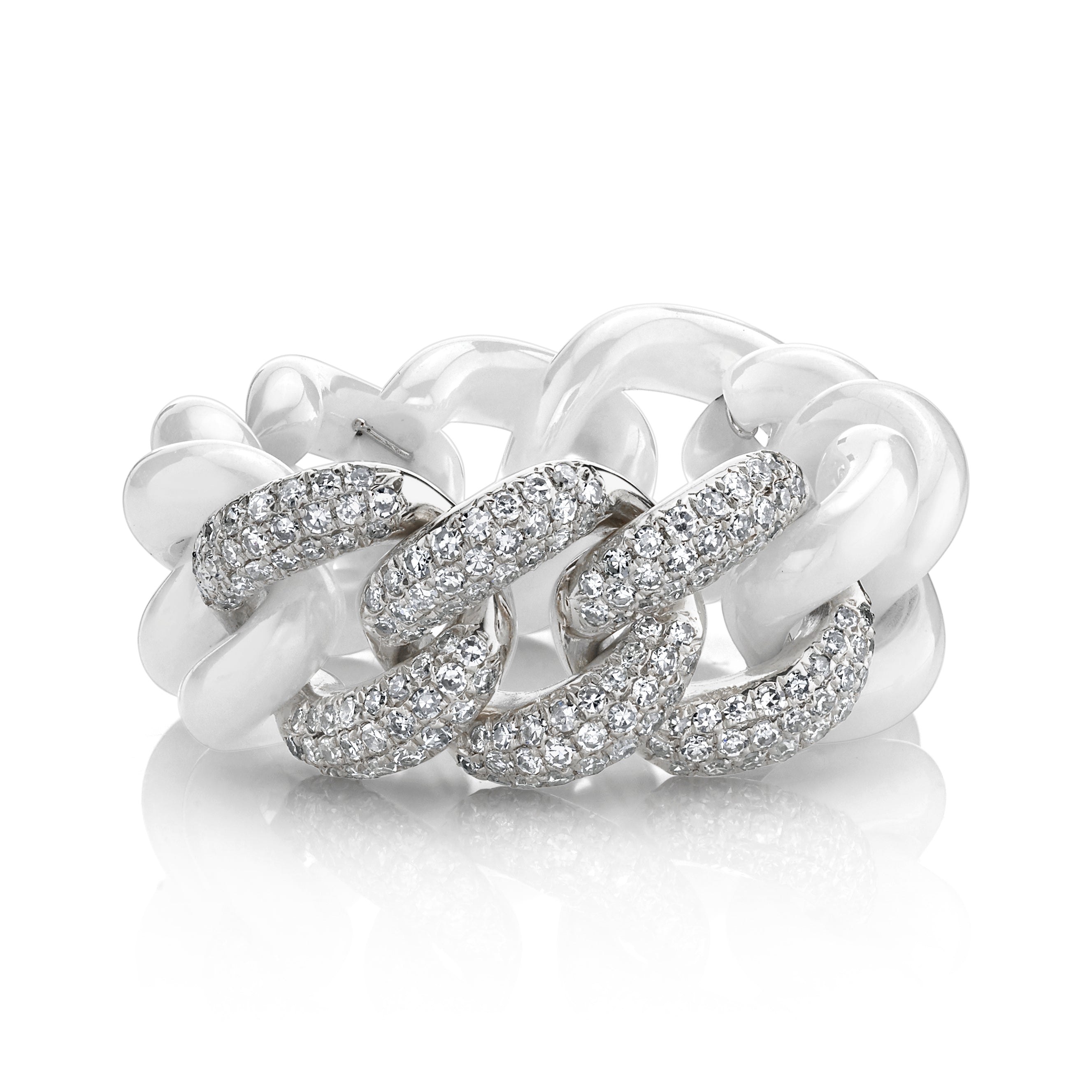 SHAY Ready to Ship White Ceramic Pave Essential Link Ring, 18k gold, detail view