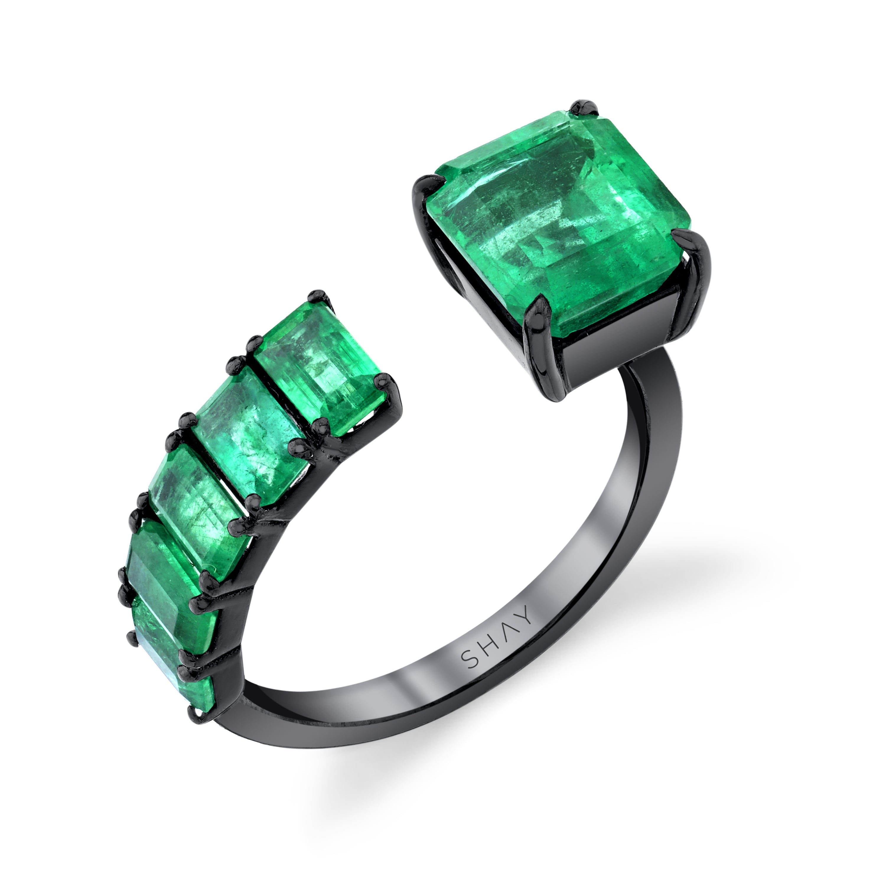 SHAY Ready to Ship Floating Emerald Ring, 4.22ct, 18k gold, detail view