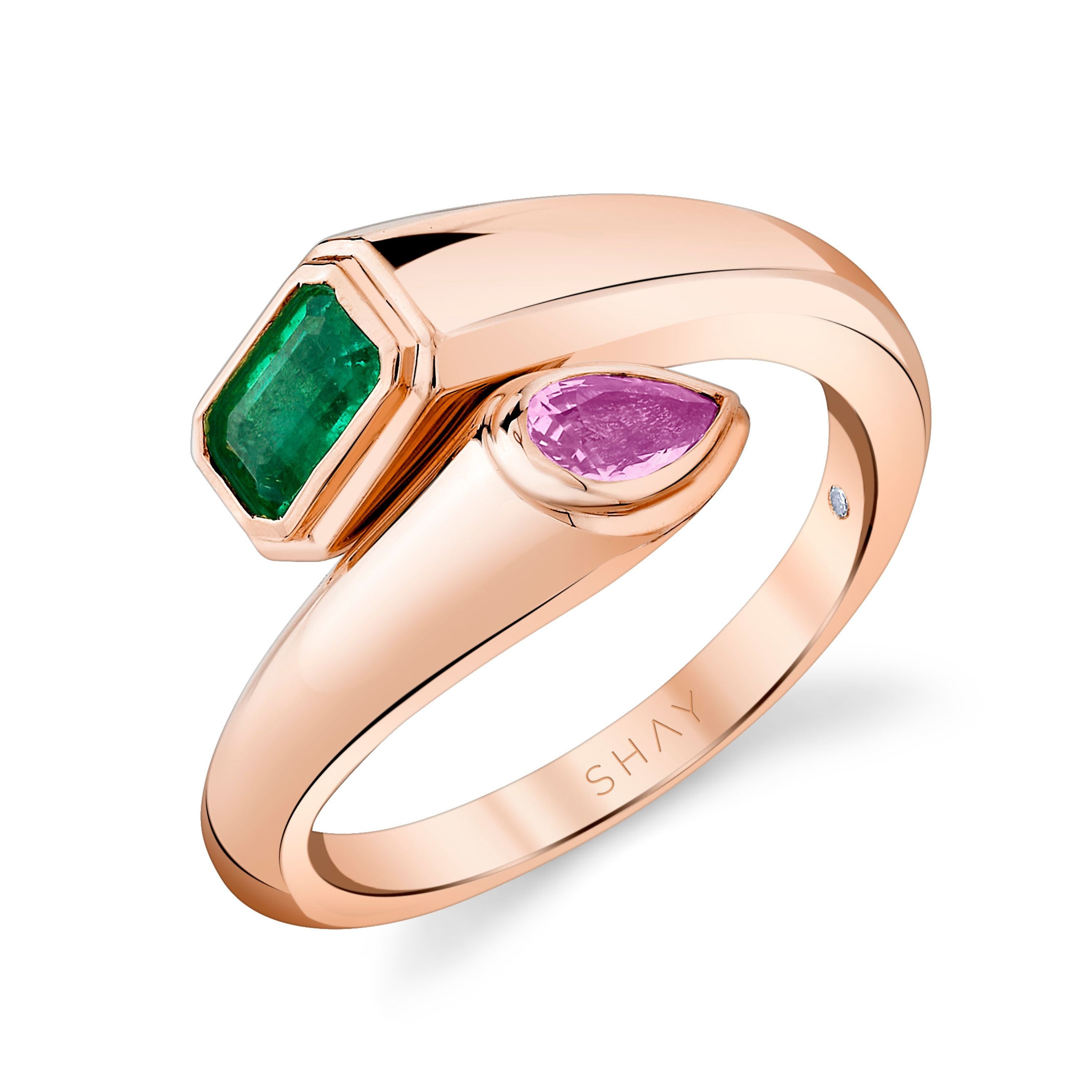 SHAY Ready to Ship Emerald & Pink Sapphire Bypass Pinky Ring, 0.75ct, 18k gold, detail view