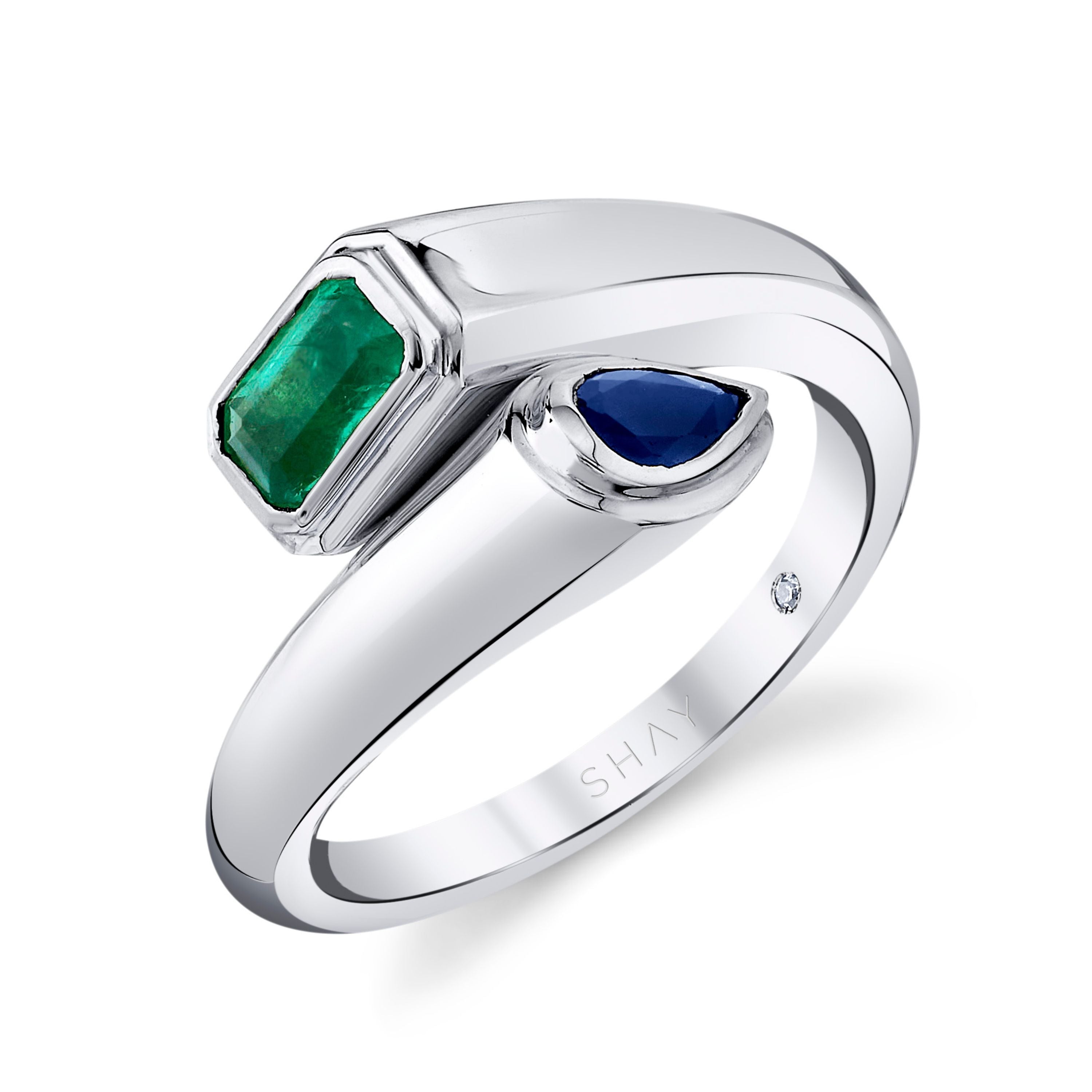 EMERALD & BLUE SAPPHIRE BYPASS PINKY RING