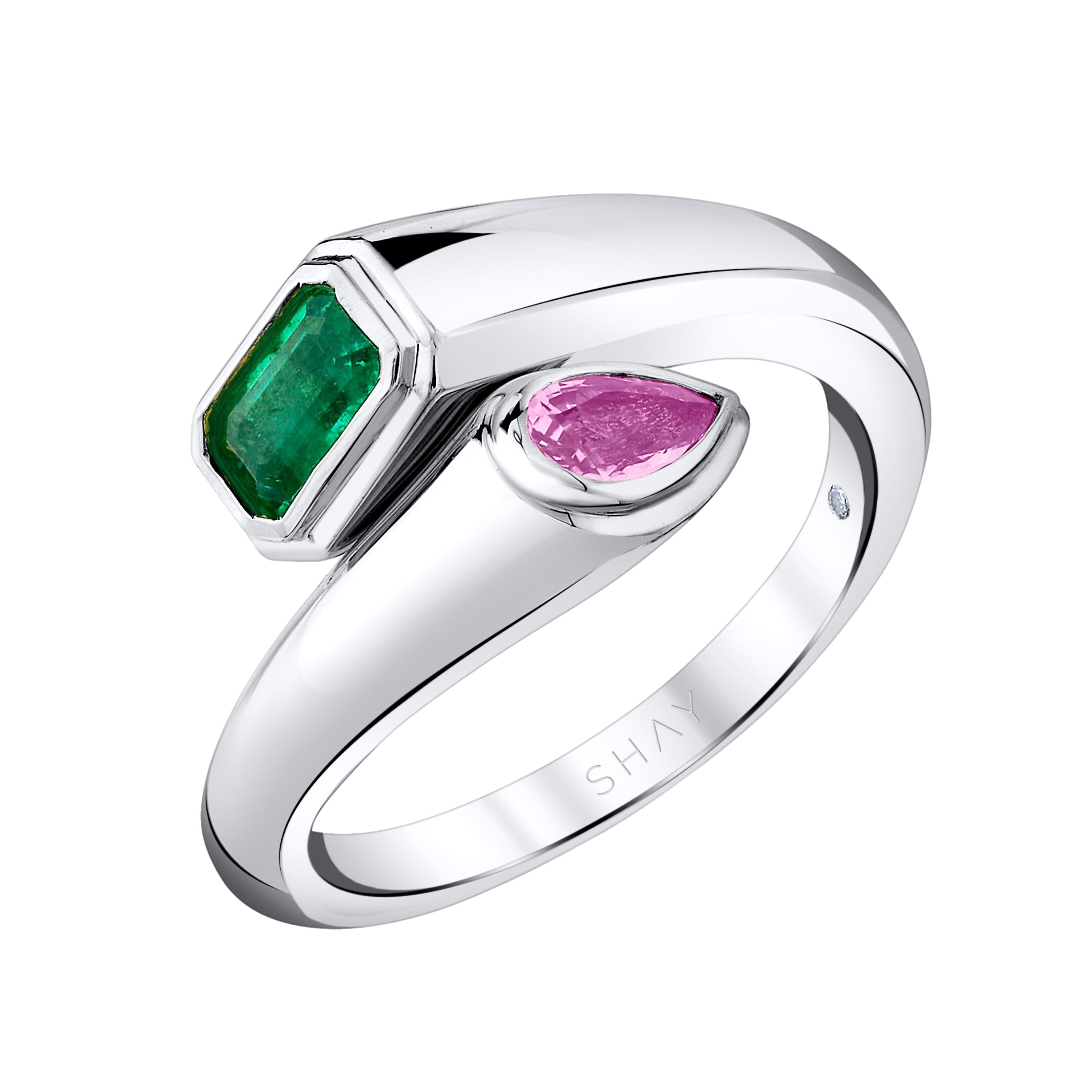SHAY Emerald & Pink Sapphire Bypass Pinky Ring, 0.75ct, 18k gold, side view