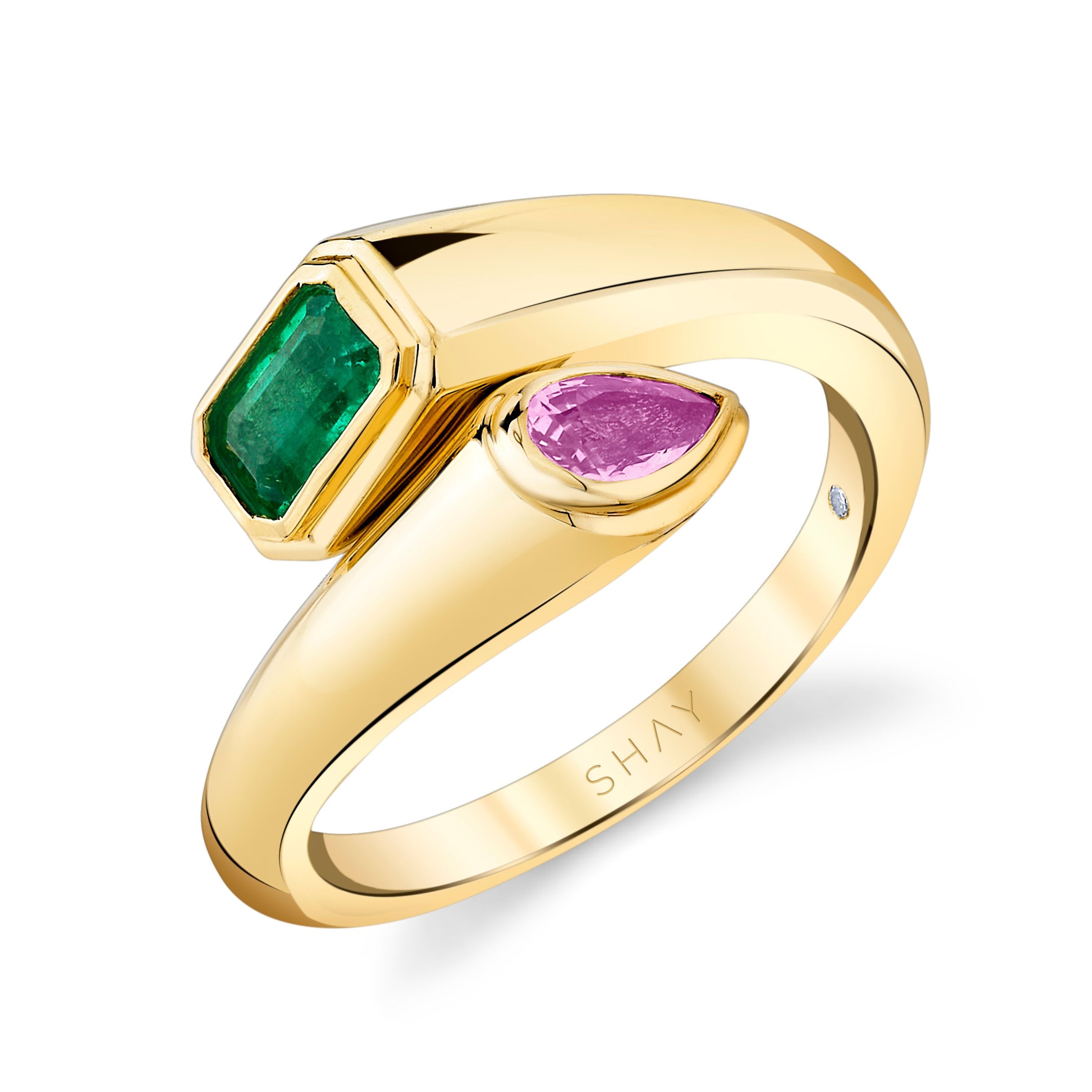 SHAY Emerald & Pink Sapphire Bypass Pinky Ring, 0.75ct, 18k gold, detail view