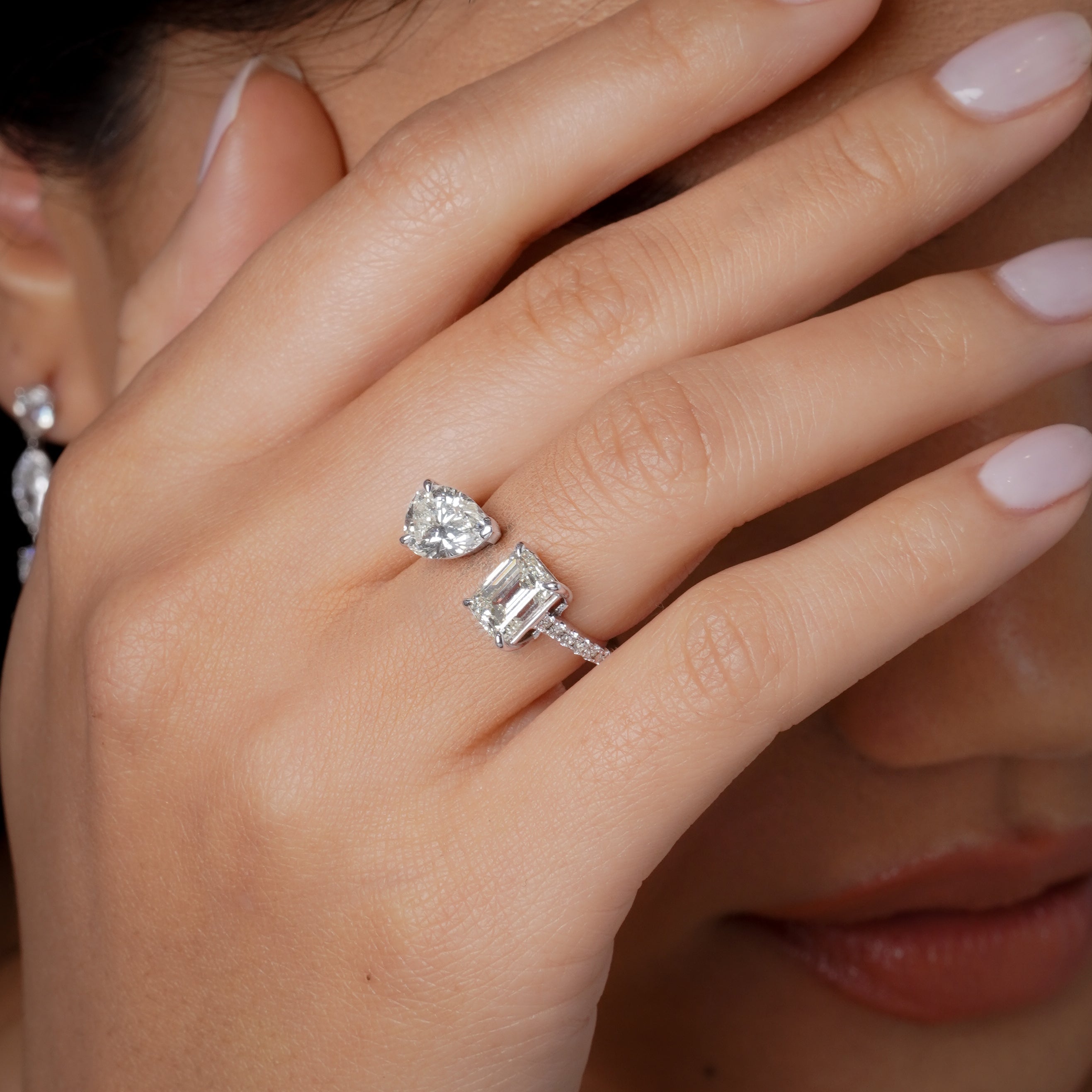 SHAY Diamond Emerald & Pear Classic Twin Ring, 4.2ct, 18k white gold, alternate view