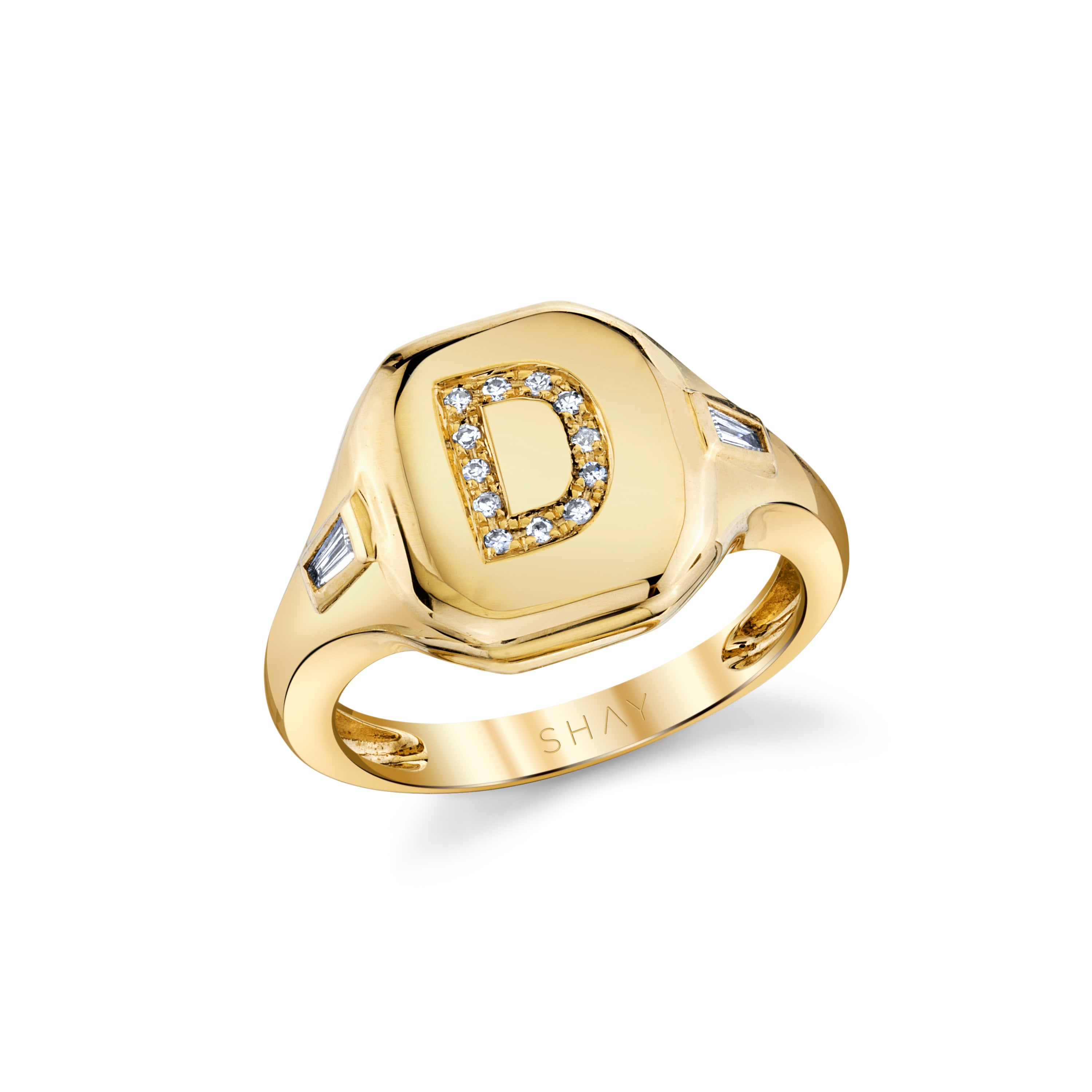 SHAY Ready to Ship Diamond Initial Pinky Ring, 0.1ct, 18k gold, detail view
