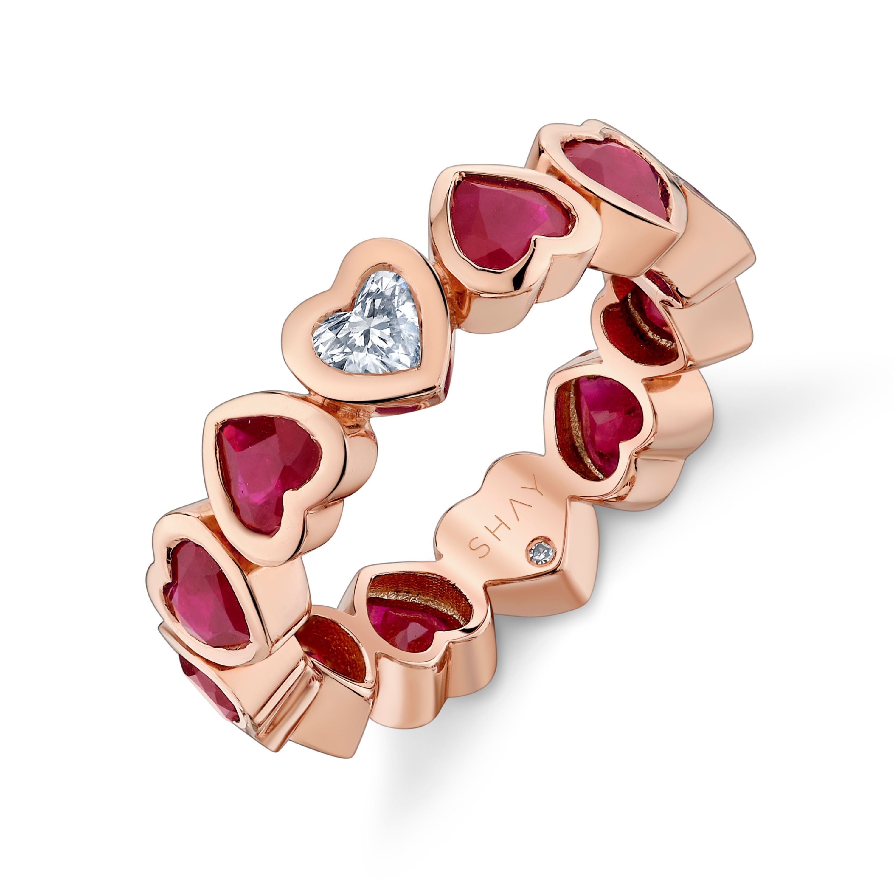 SHAY Ready to Ship Ruby & Diamond Bezel Heart Band, 3.77ct, 18k gold, detail view