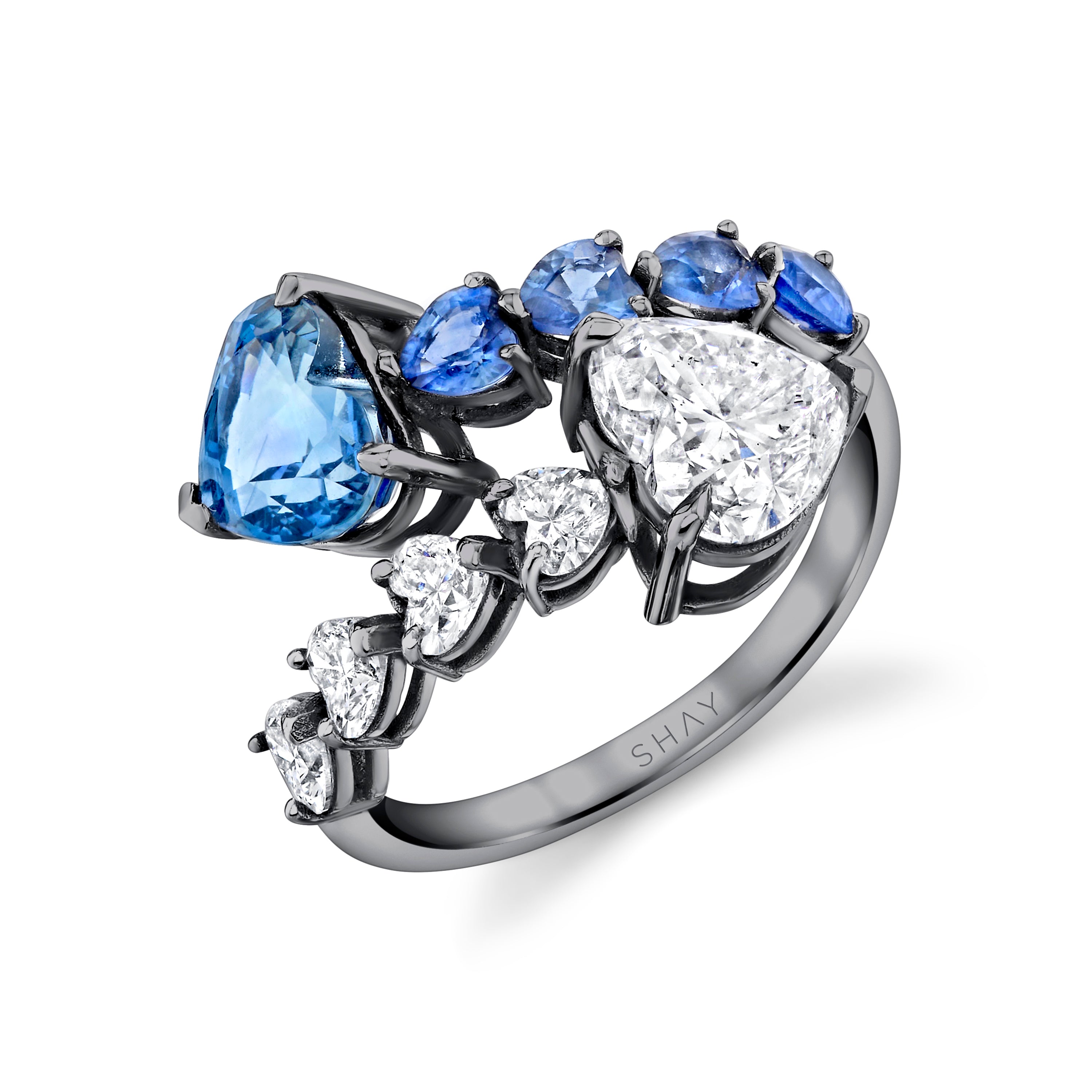 CEYLON BLUE SAPPHIRE & DIAMOND & HEART BYPASS RING