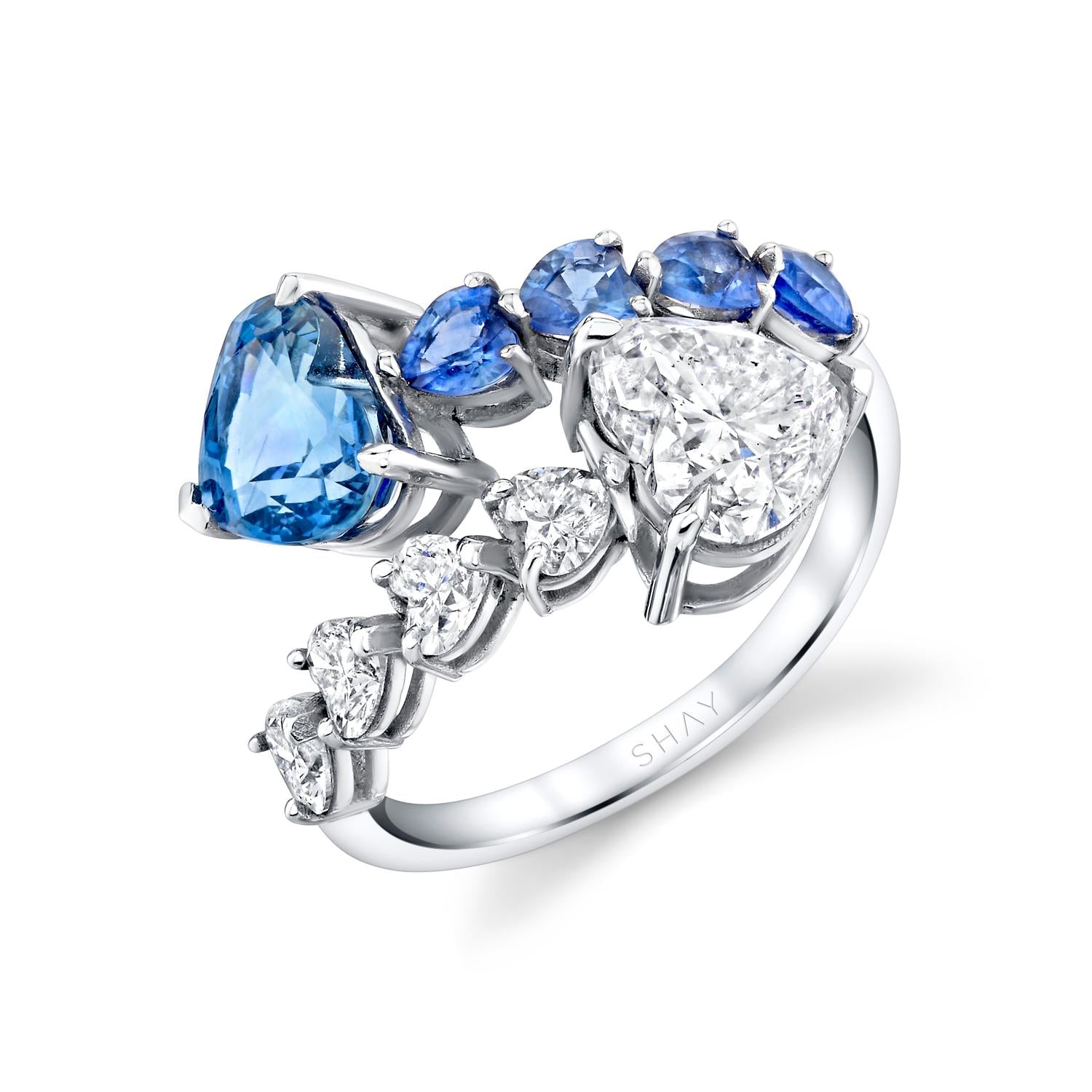 SHAY Ceylon Blue Sapphire & Diamond & Heart Bypass Ring, 2.16ct, 18k gold, detail view