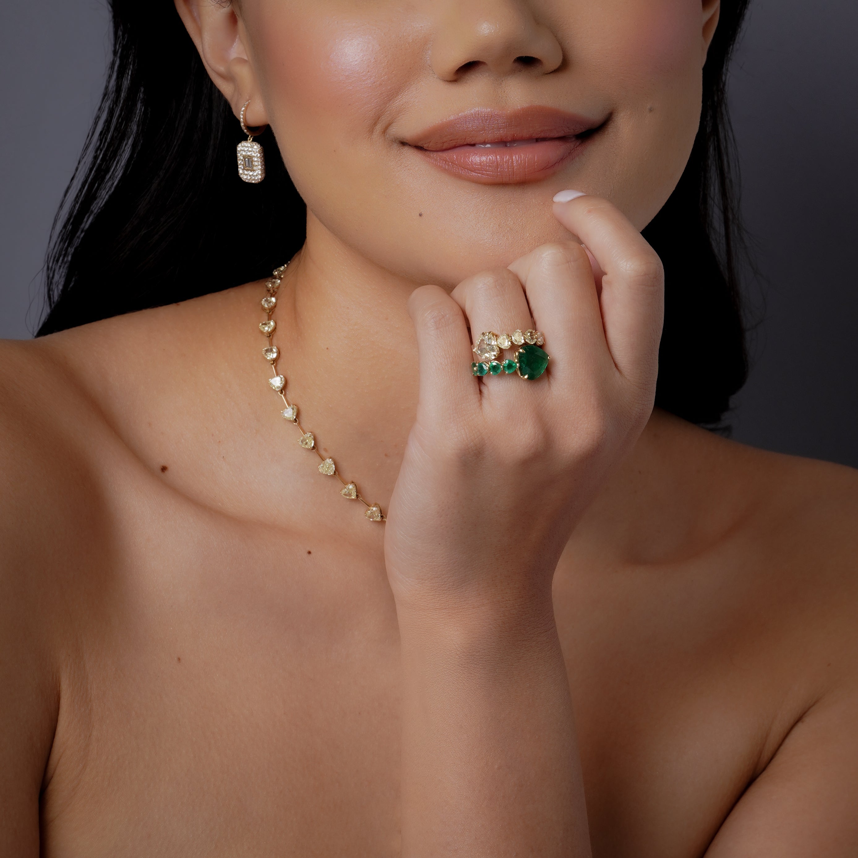 YELLOW DIAMOND & EMERALD HEART BYPASS RING