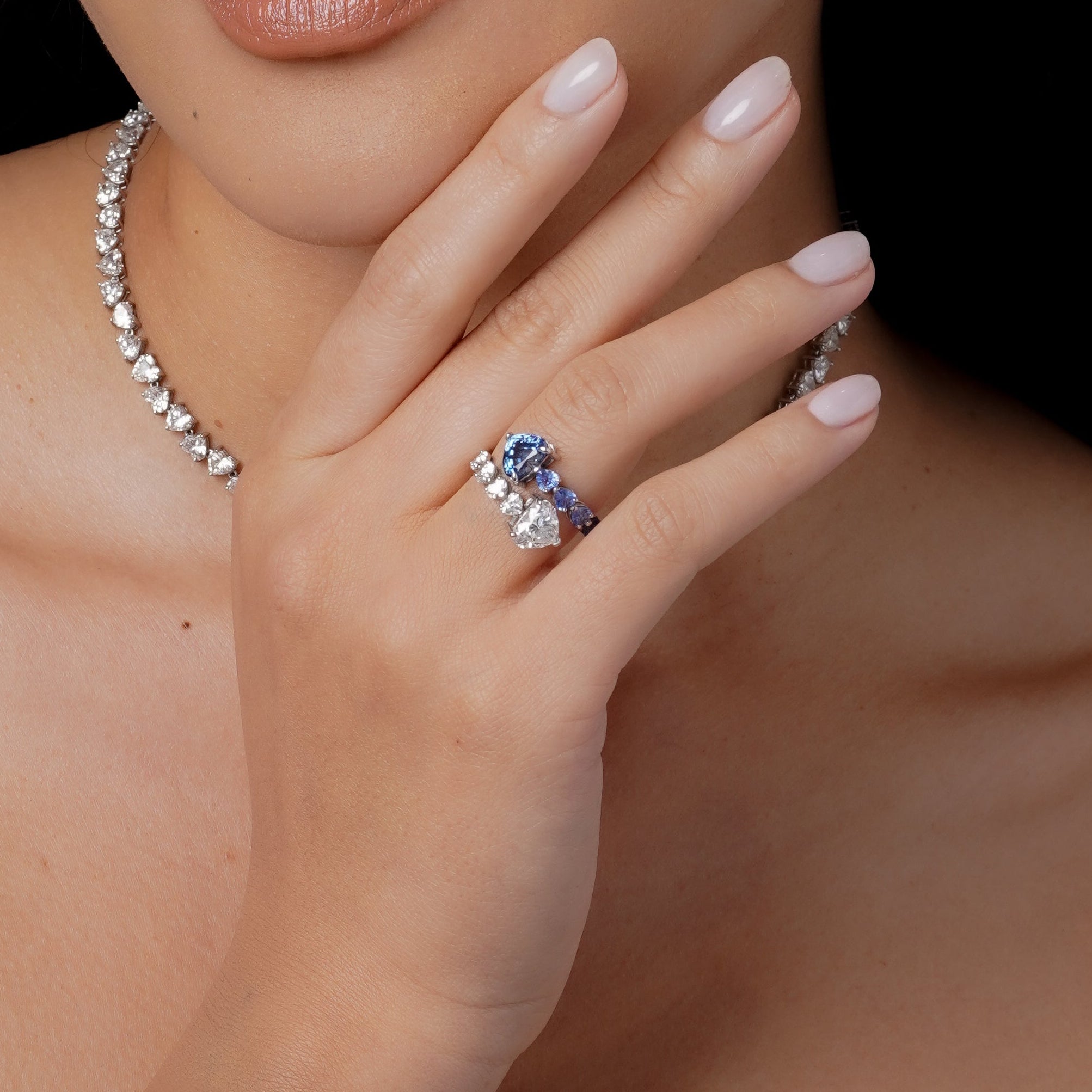 CEYLON BLUE SAPPHIRE & DIAMOND & HEART BYPASS RING