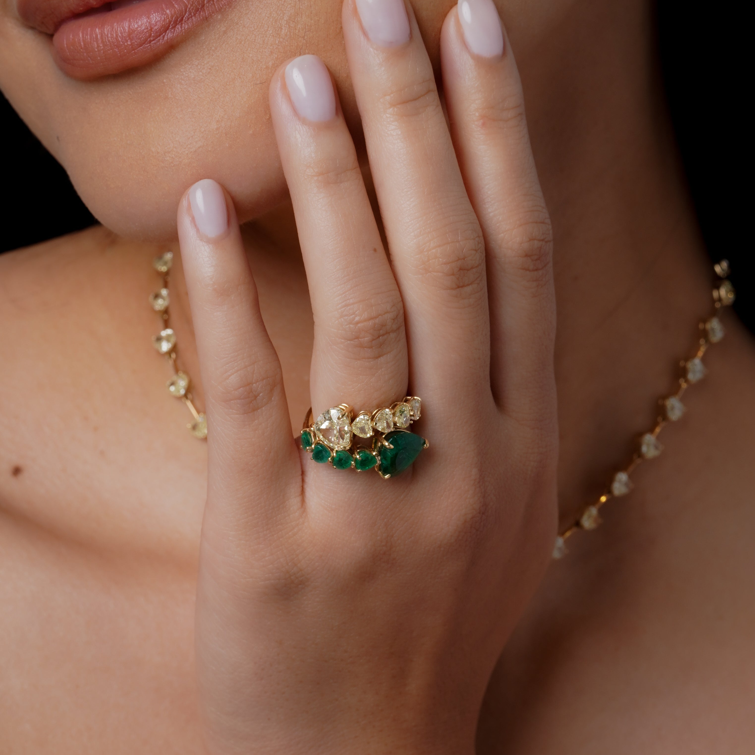 YELLOW DIAMOND & EMERALD HEART BYPASS RING