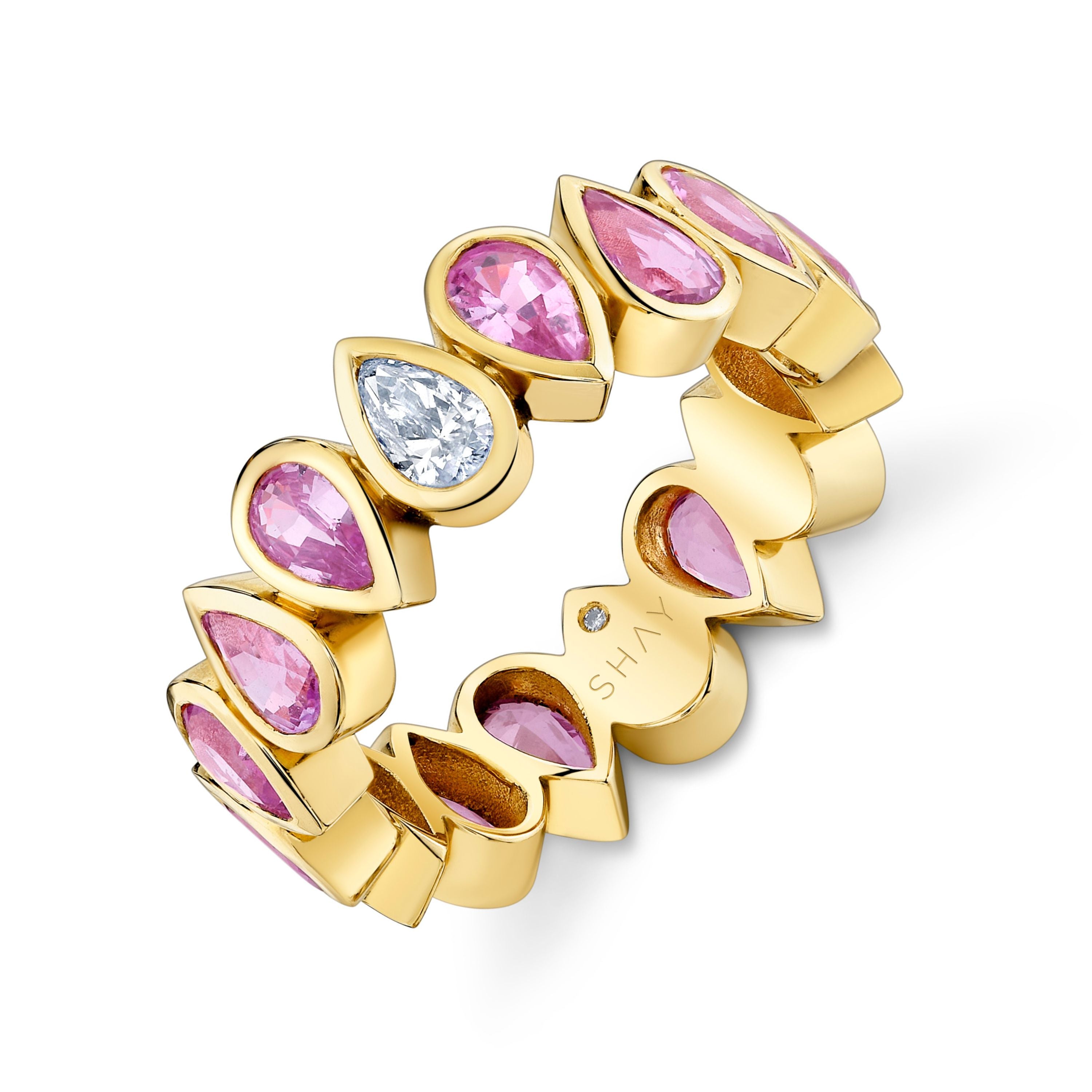 SHAY Ready to Ship Pink Sapphire & Diamond Pear Bezel Band, 18k gold, detail view