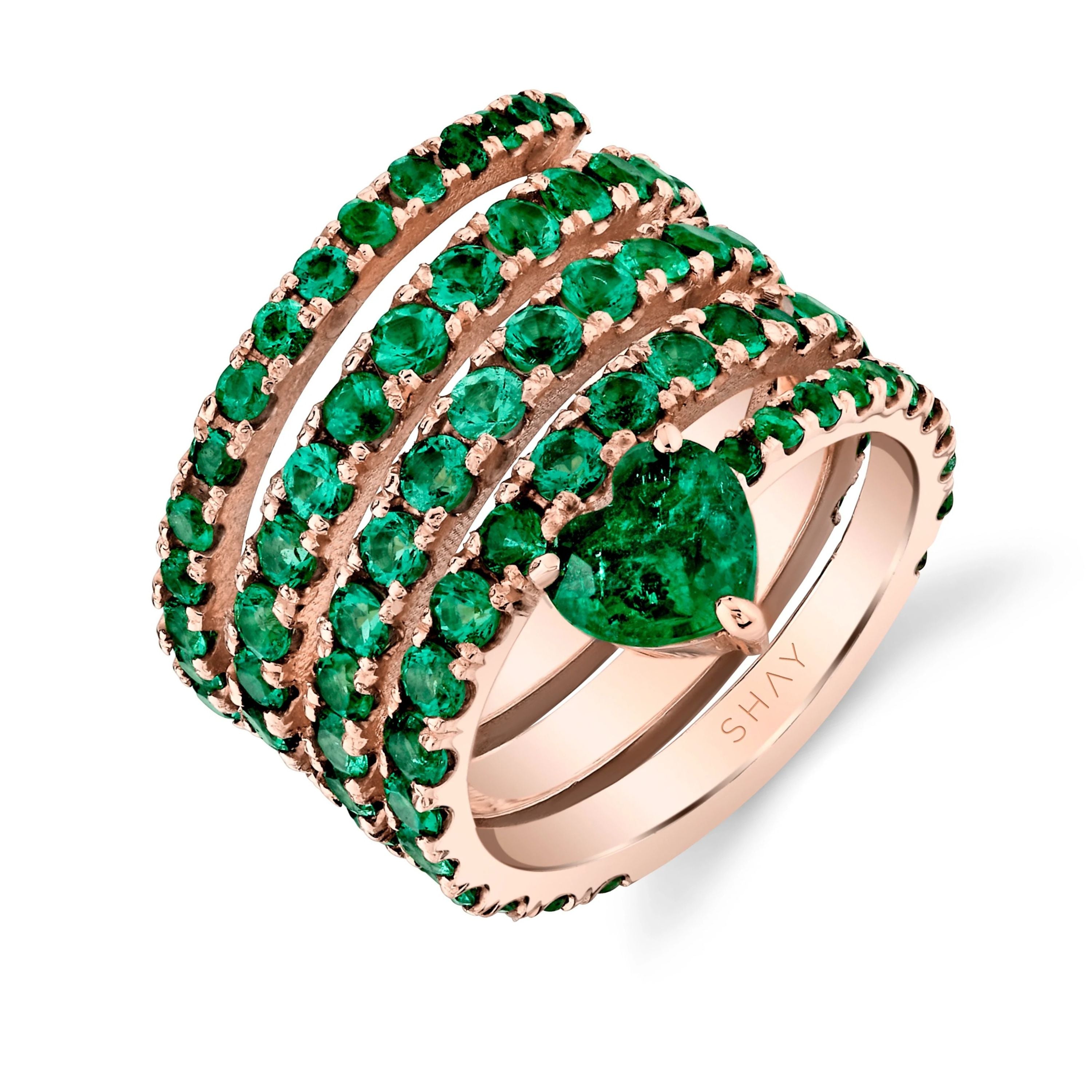 SHAY Ready to Ship Emerald Spiral Heart Pinky Ring, 18k rose gold, primary view