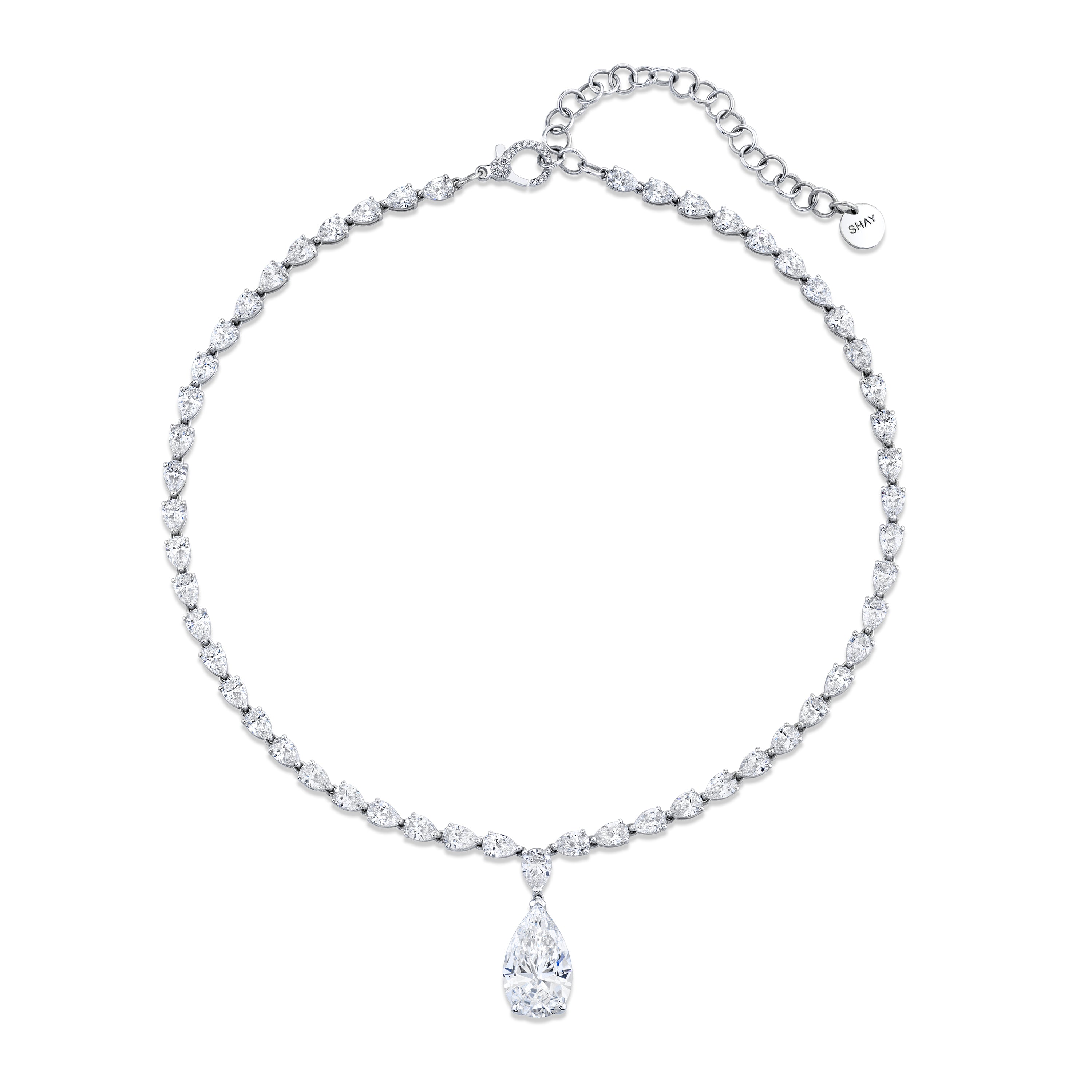 SHAY Diamond Teardrop Tennis Necklace, 5ct center, 18k gold, detail view