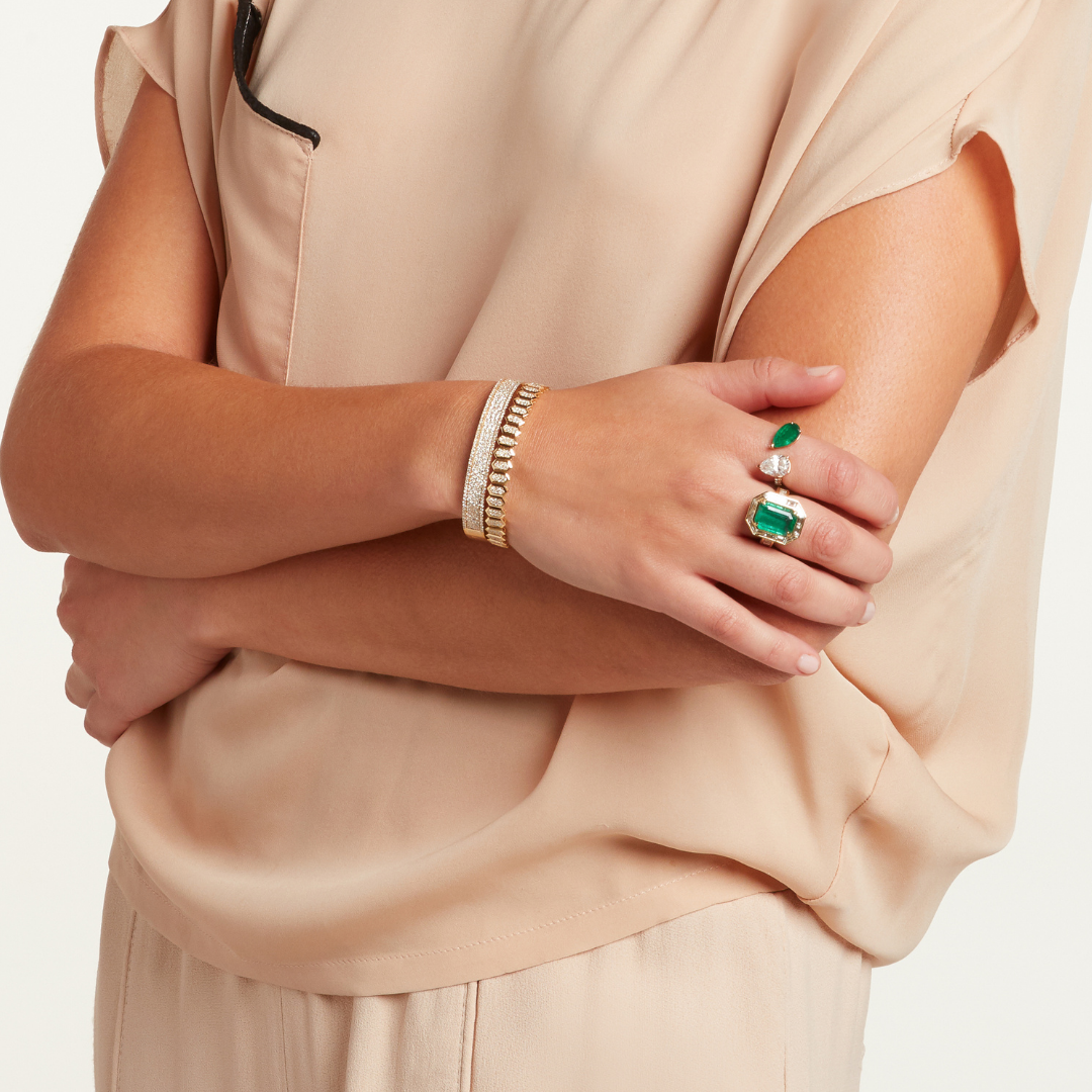 READY TO SHIP EMERALD BAGUETTE HALO COCKTAIL RING