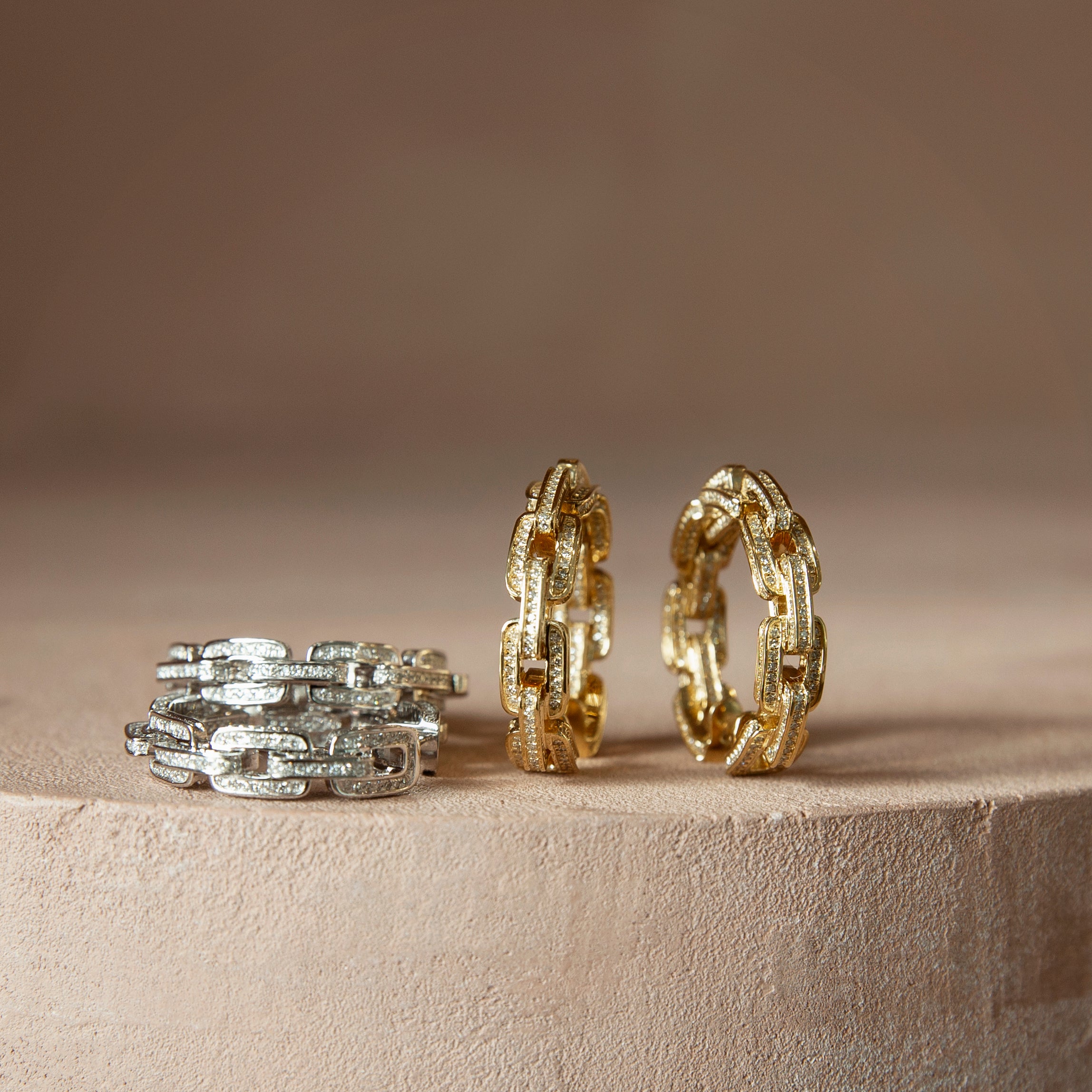 SHAY Ready to Ship Diamond Deco Link Hoops, 18k gold, side view