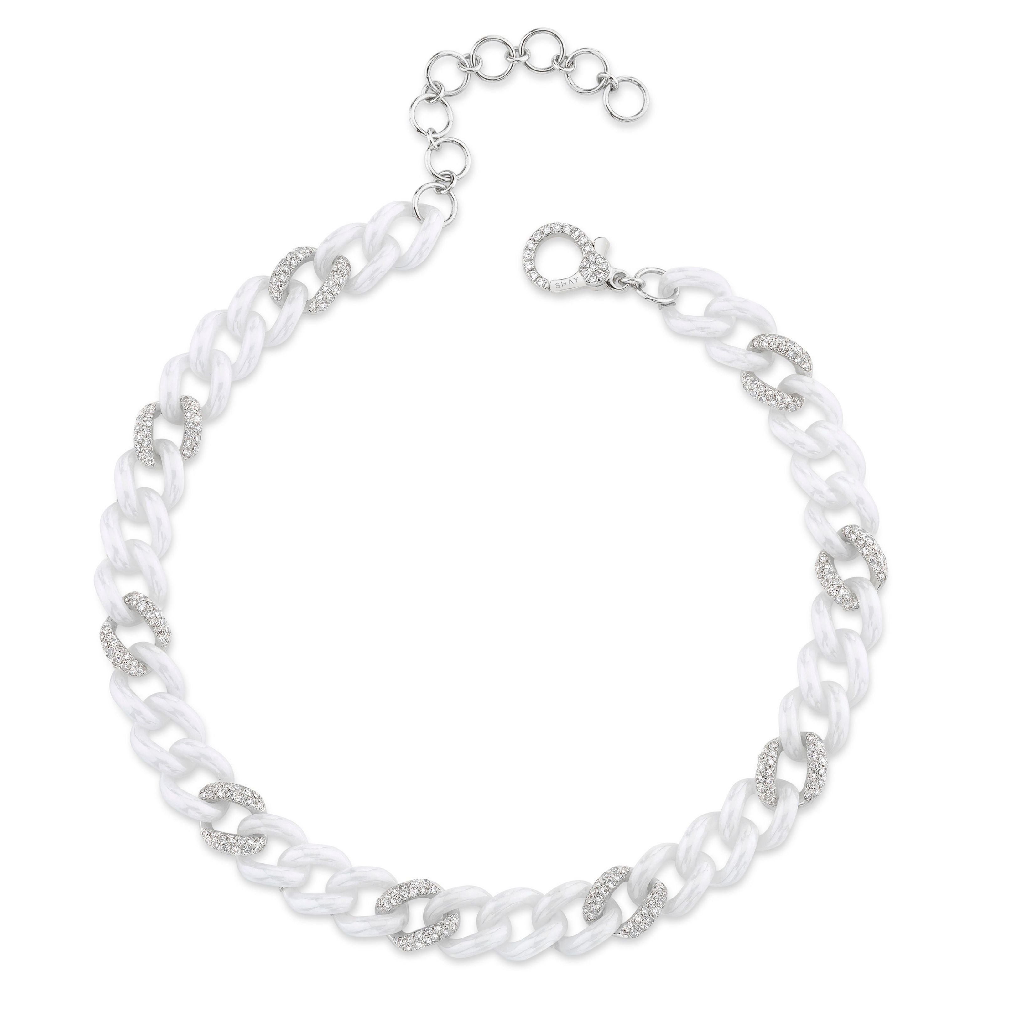WHITE CERAMIC ALTERNATING PAVE MEDIUM LINK ANKLET
