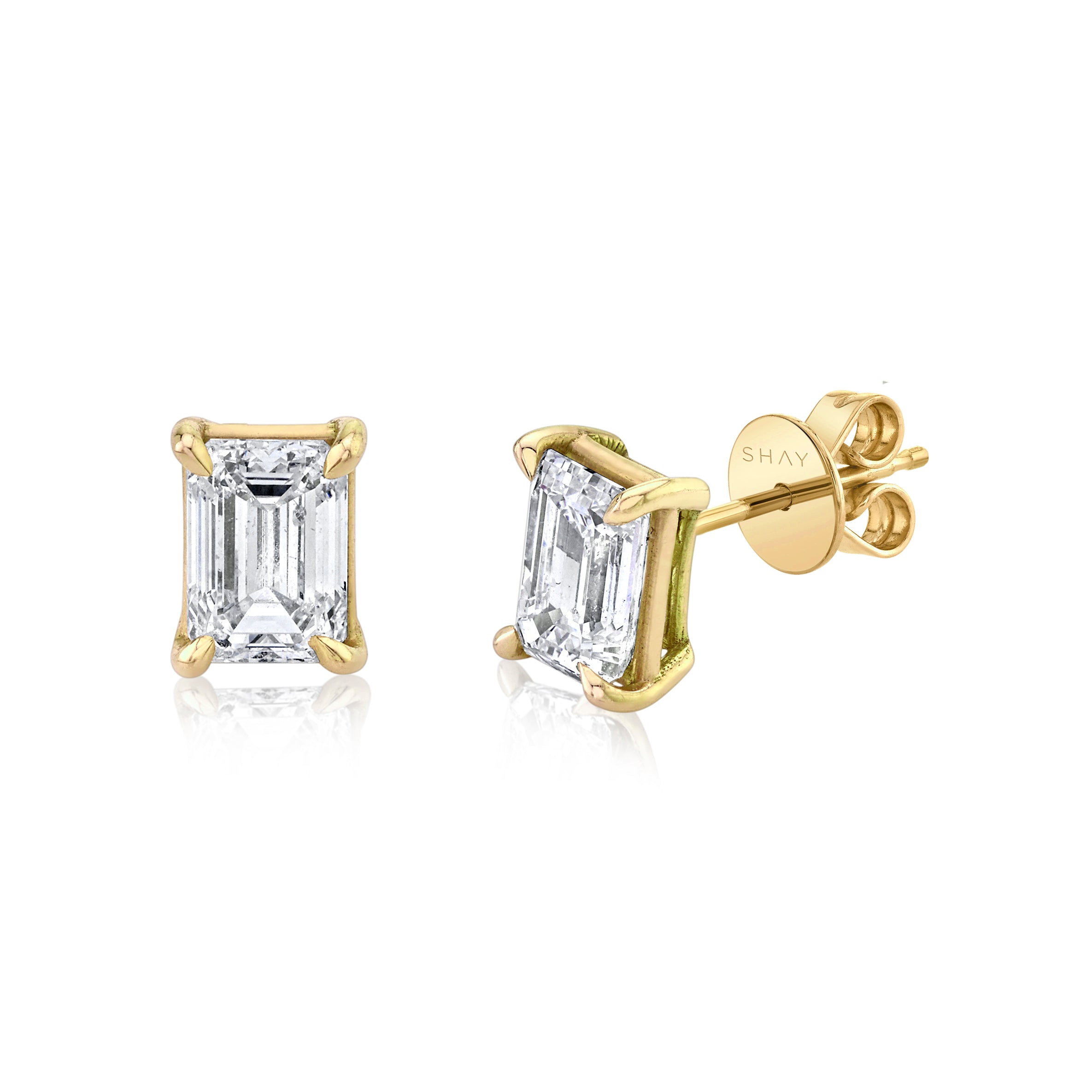 SHAY Diamond Emerald Cut Studs, 2.2ct, 18k gold, detail view