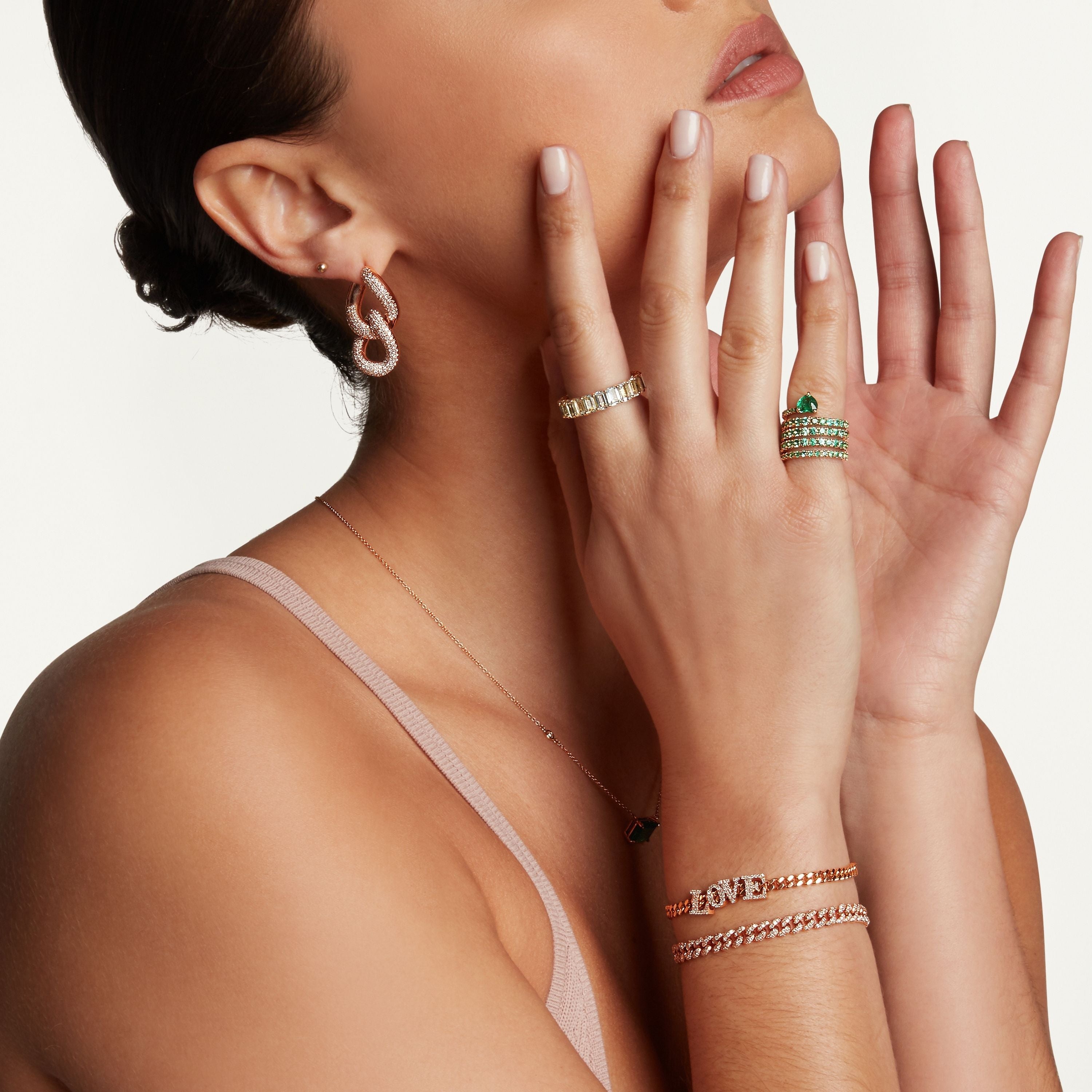 SHAY Ready to Ship Emerald Spiral Heart Pinky Ring, 18k rose gold, alternate view