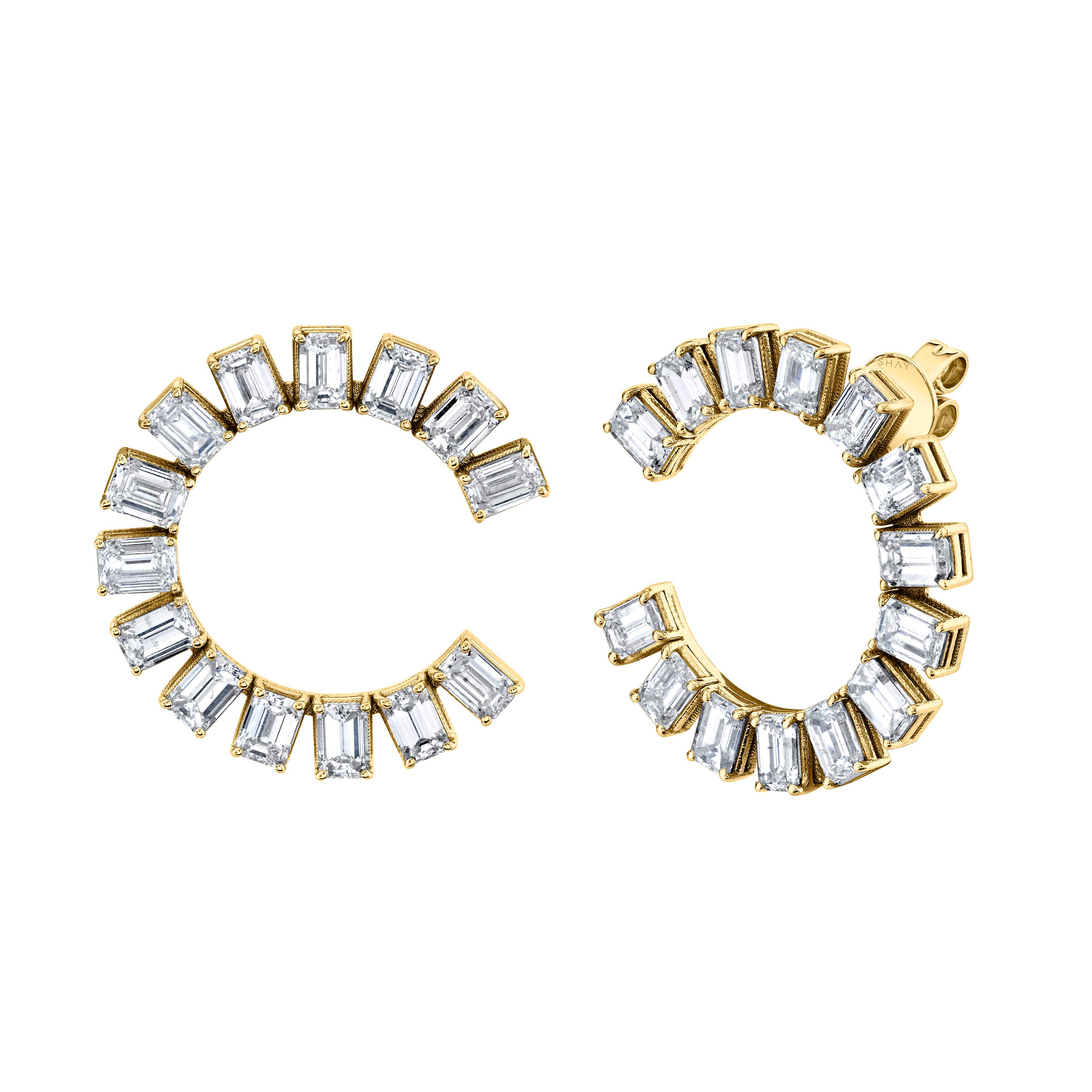 SHAY Diamond Emerald Cut Eternity Earrings, 7.88ct, 18k gold, detail view