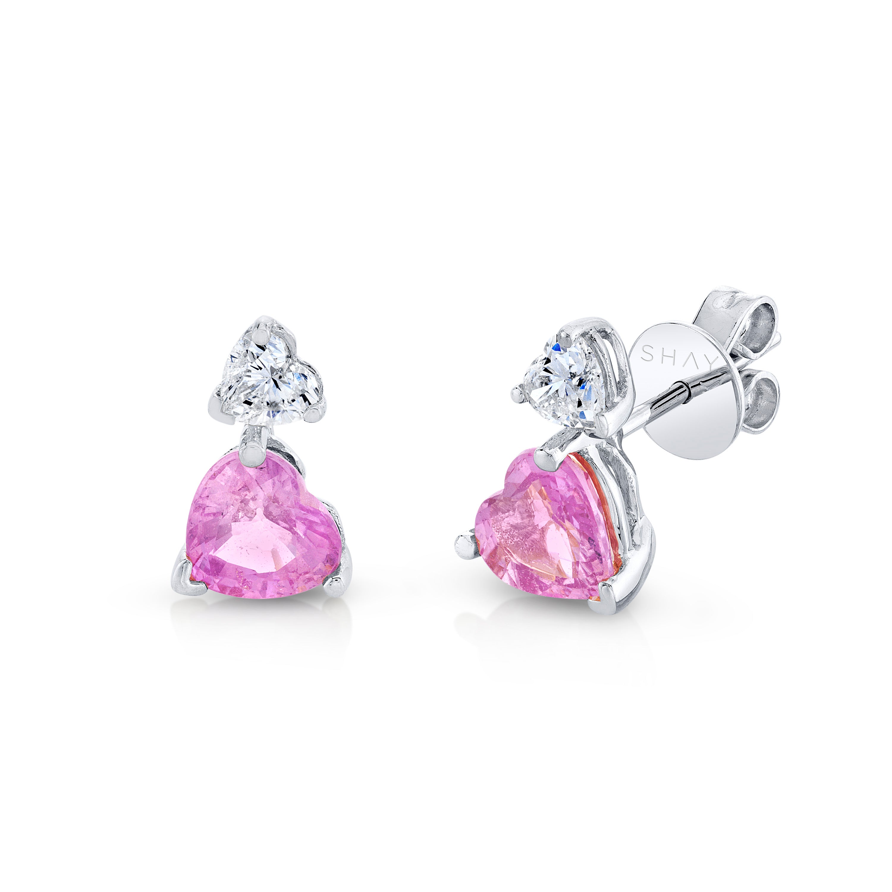 SHAY Pink Sapphire & Diamond Heart Step Studs, 0.42ct, 18k gold, side view