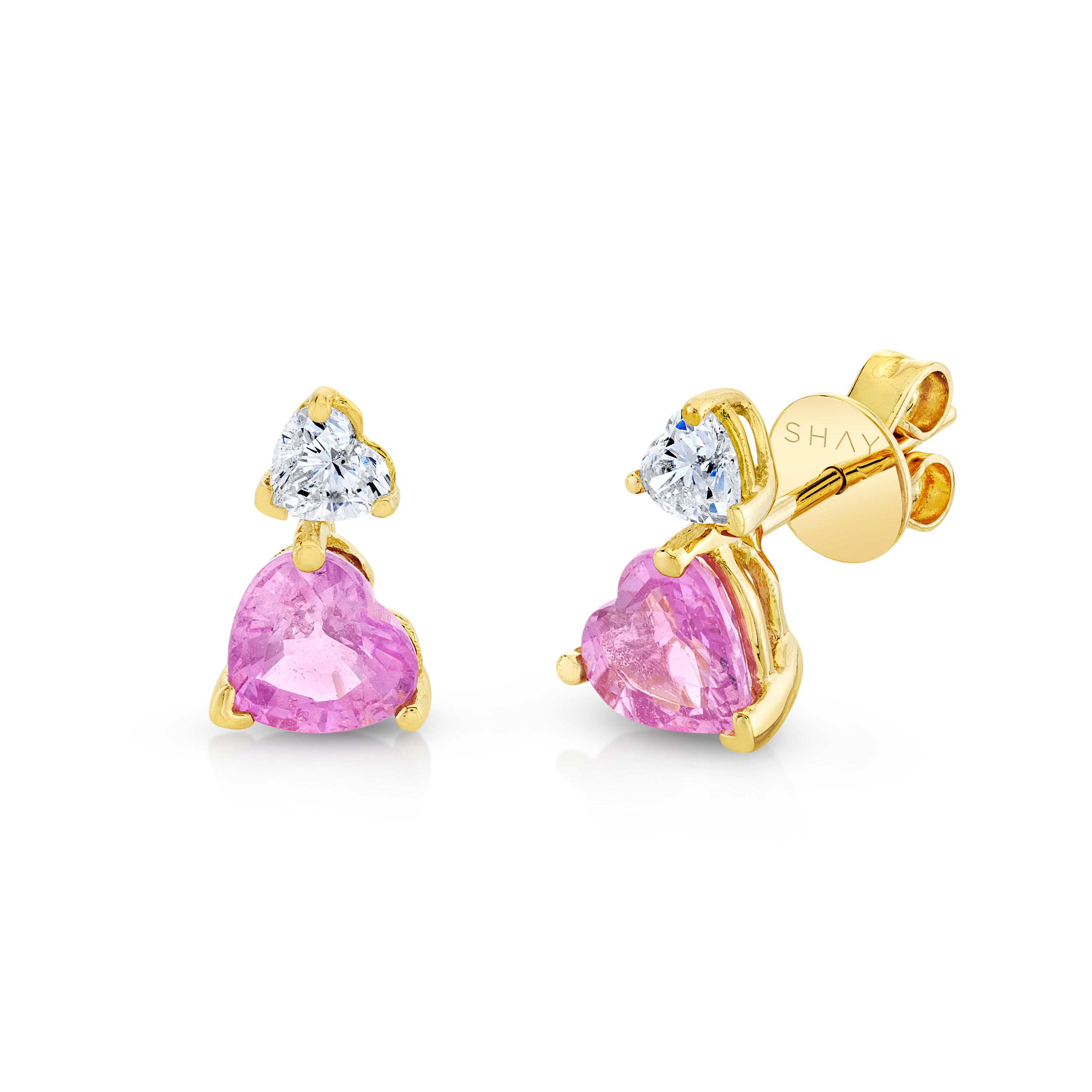 SHAY Pink Sapphire & Diamond Heart Step Studs, 0.42ct, 18k gold, detail view