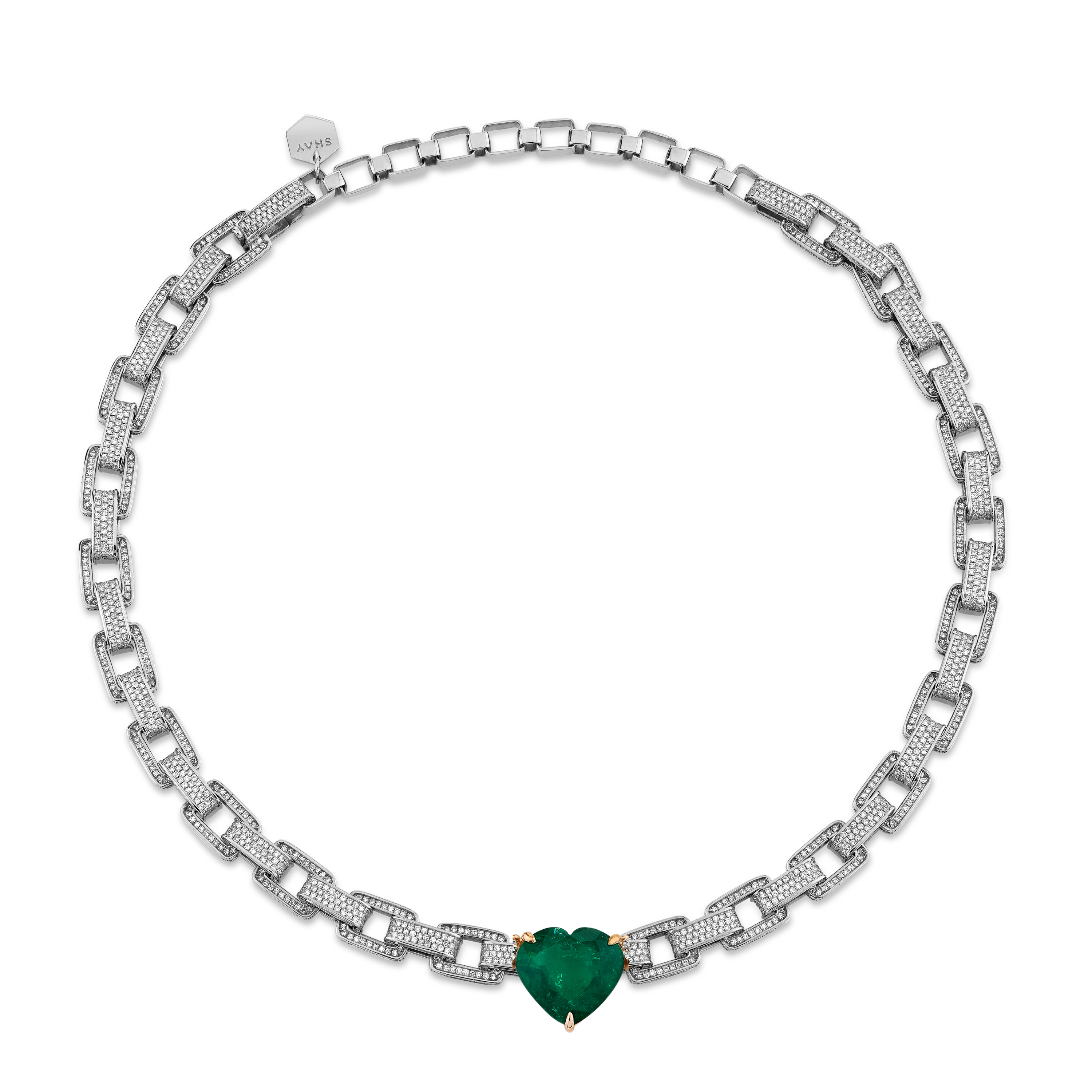 EMERALD GRAND HEART DECO LINK NECKLACE