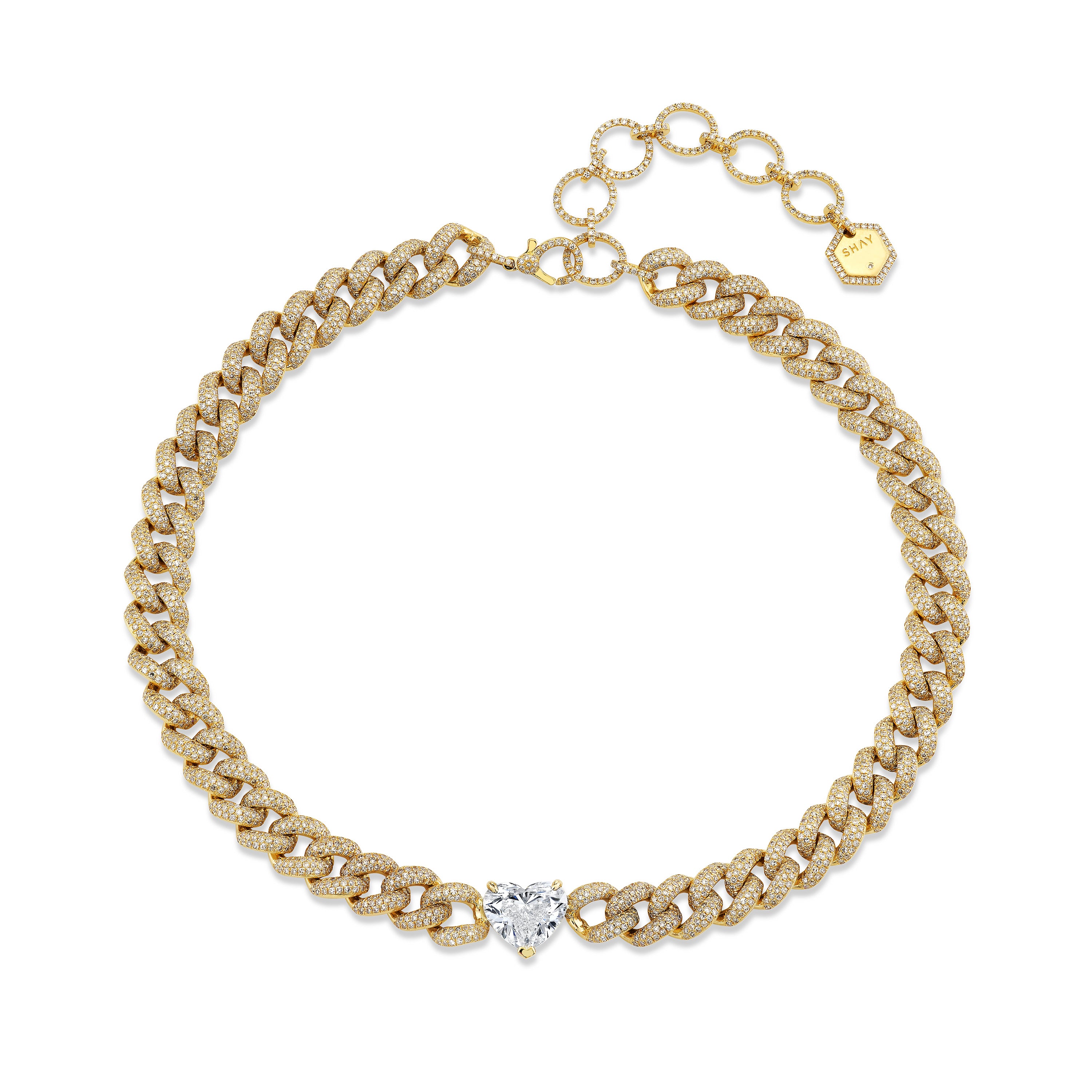 SHAY Grand Diamond Heart Link Necklace, 21ct, 18k gold, detail view