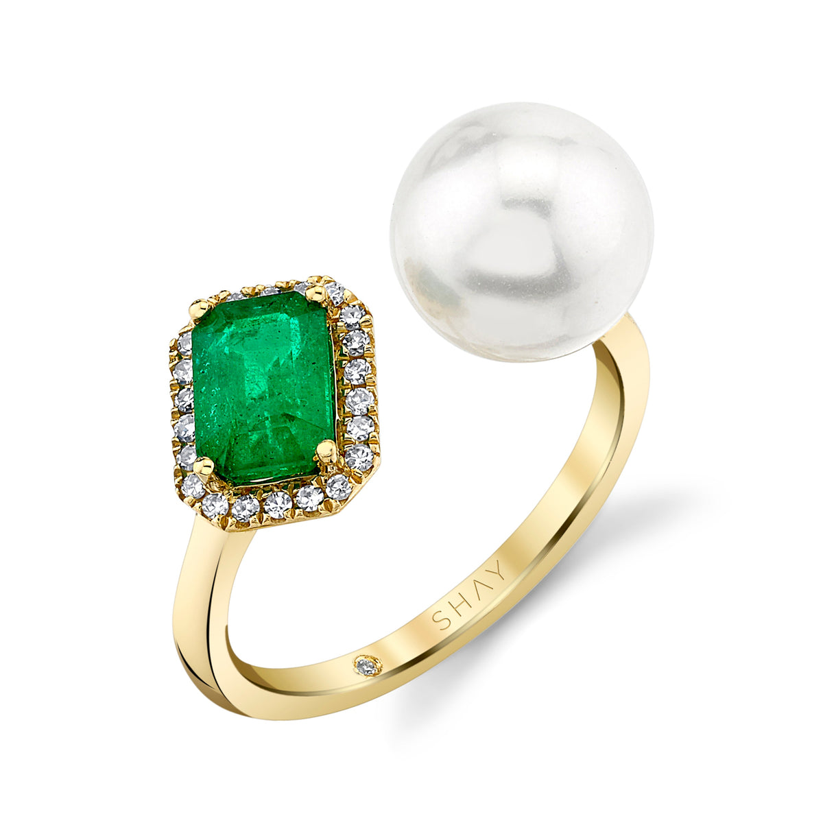 READY TO SHIP PEARL & EMERALD TILTED HALO TWIN RING