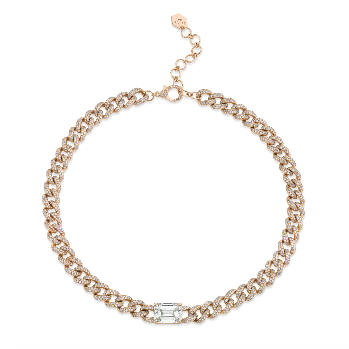 SHAY Diamond Emerald Cut Medium Link Necklace, 4.3ct center, 18k gold, detail view