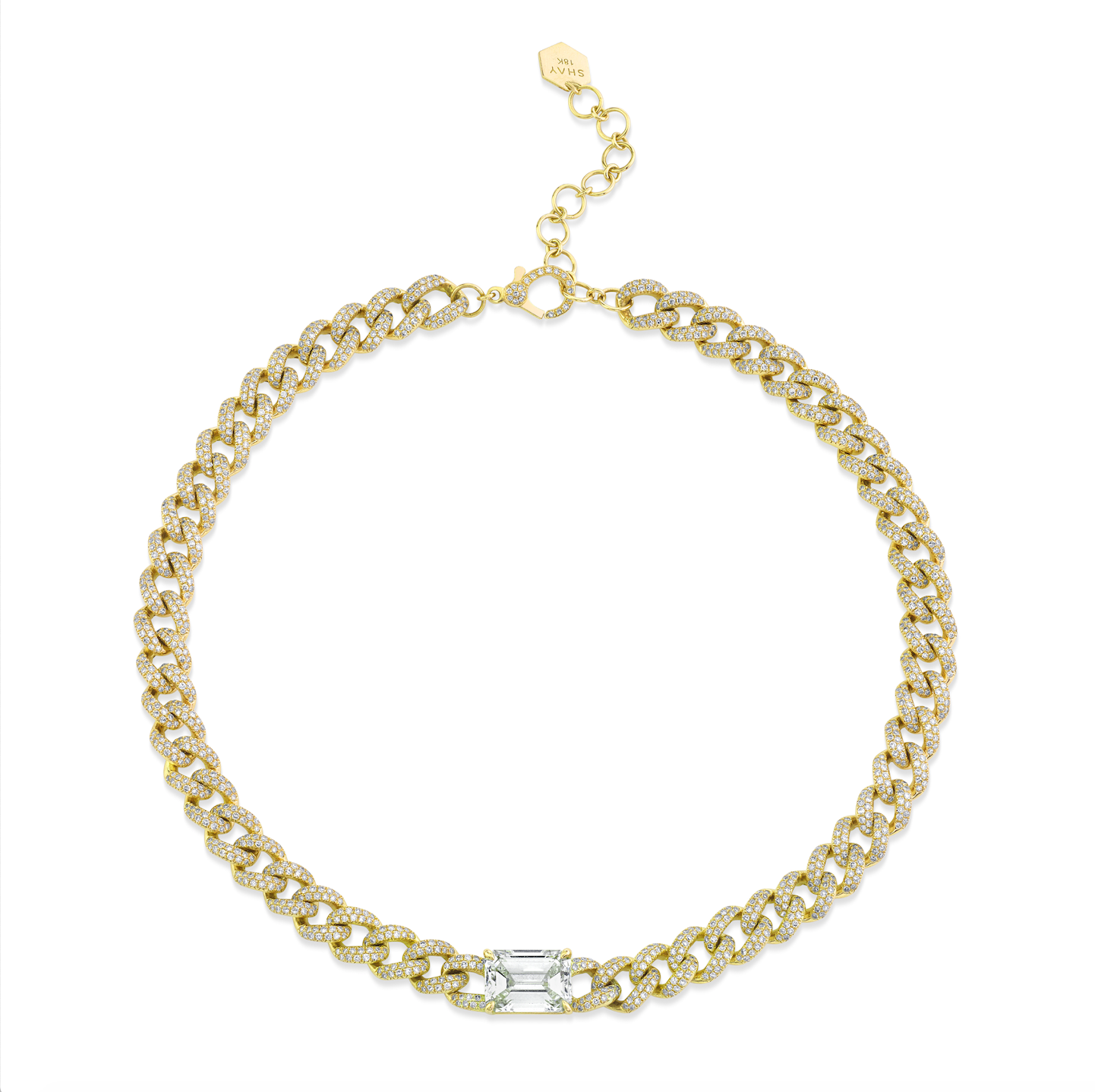 SHAY Diamond Emerald Cut Medium Link Necklace, 4.3ct center, 18k gold, side view