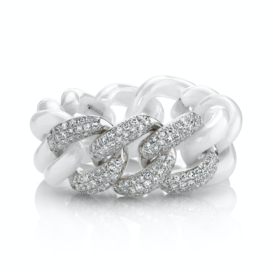 TRIPLE PAVE WHITE CERAMIC MEDIUM LINK RING