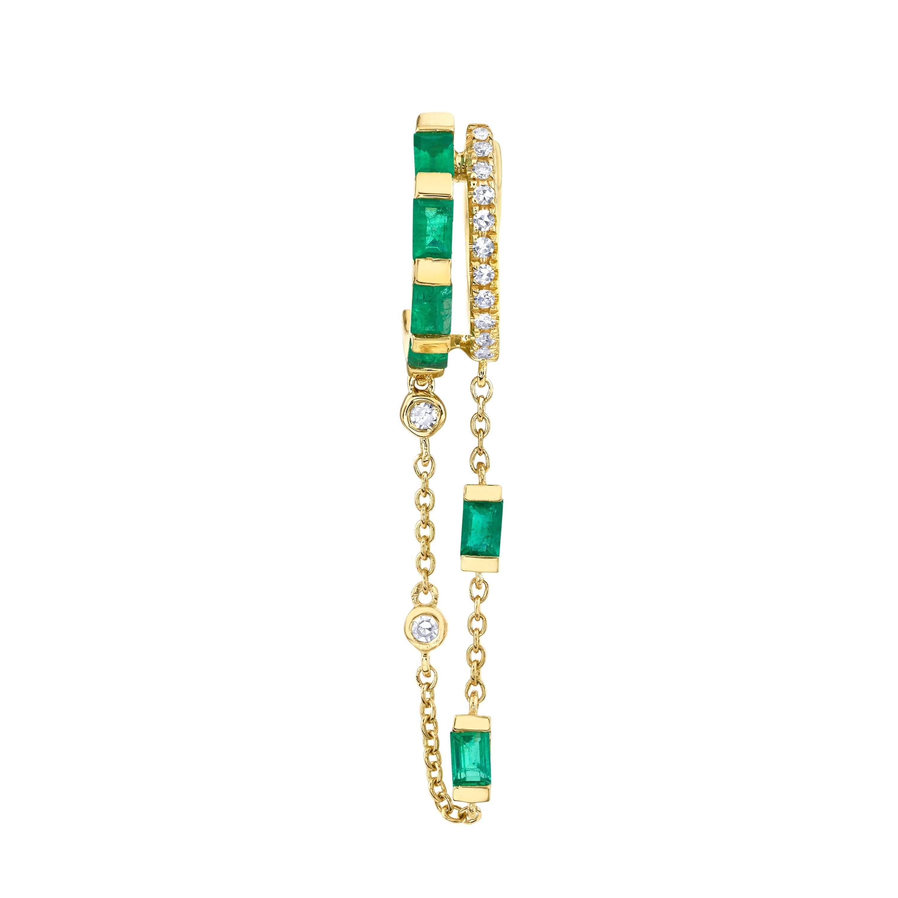 SINGLE EMERALD & DIAMOND DOUBLE FRINGE HUGGIE
