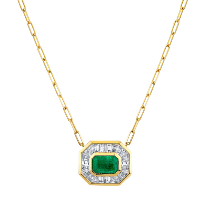 EMERALD & DIAMOND HALO MINI DECO PENDANT NECKLACE