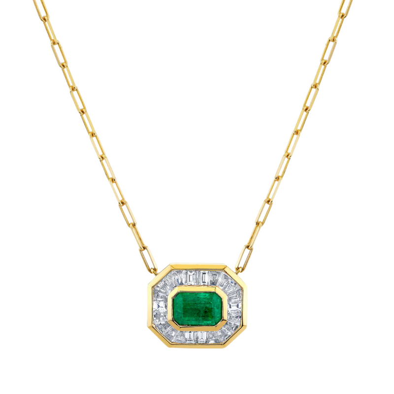 READY TO SHIP EMERALD & DIAMOND HALO MINI DECO PENDANT NECKLACE